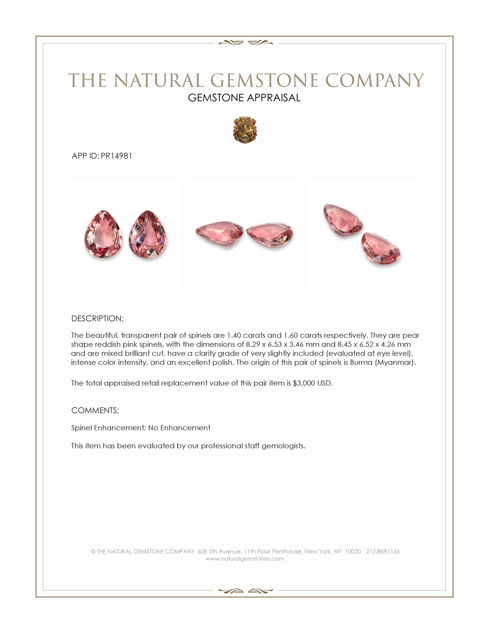 3.00 Ct.Tw. Reddish Pink Spinel Pair from Burma (Myanmar)