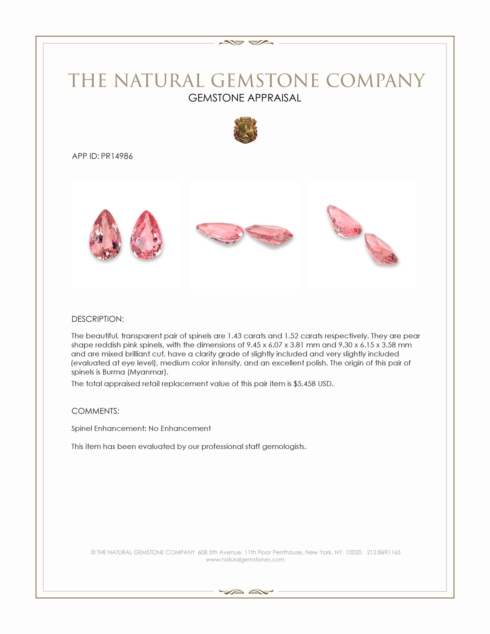 2.95 Ct.Tw. Reddish Pink Spinel Pair from Burma (Myanmar)