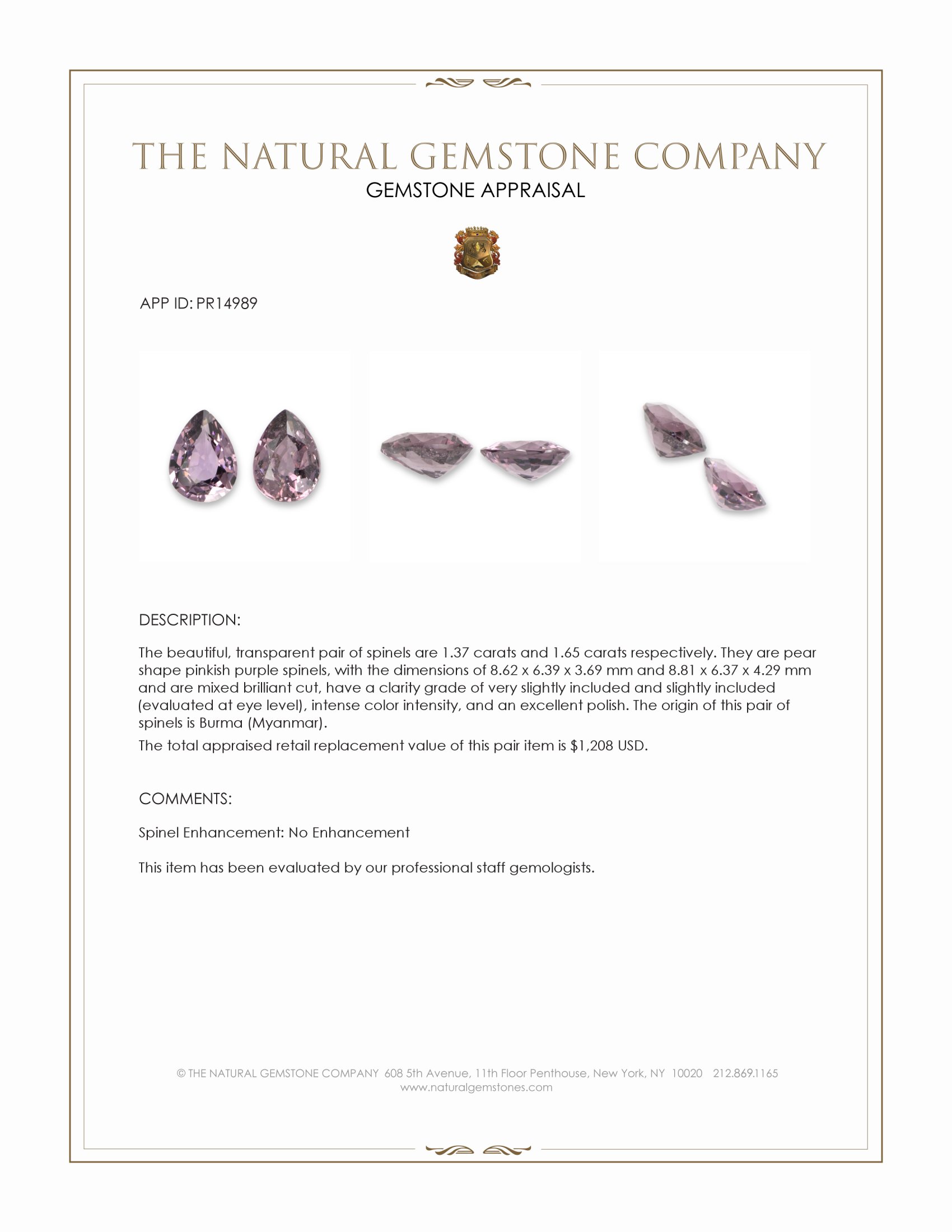 3.02 Ct.Tw. Pinkish Purple Spinel Pair from Burma (Myanmar)