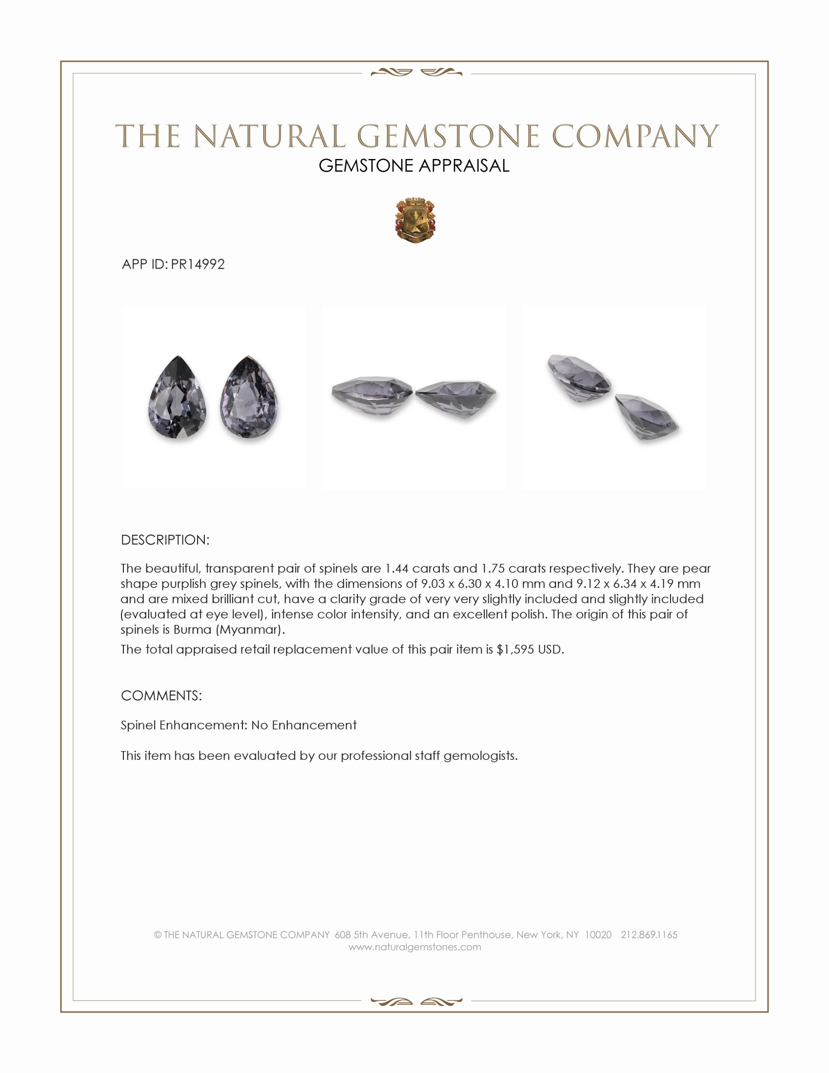 3.19 Ct.Tw. Purplish Grey Spinel Pair from Burma (Myanmar)