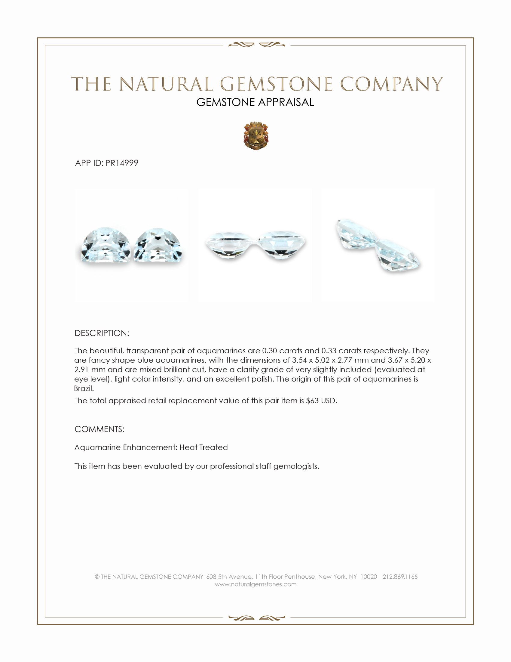 0.63 Ct.Tw. Blue Aquamarine Pair from Brazil