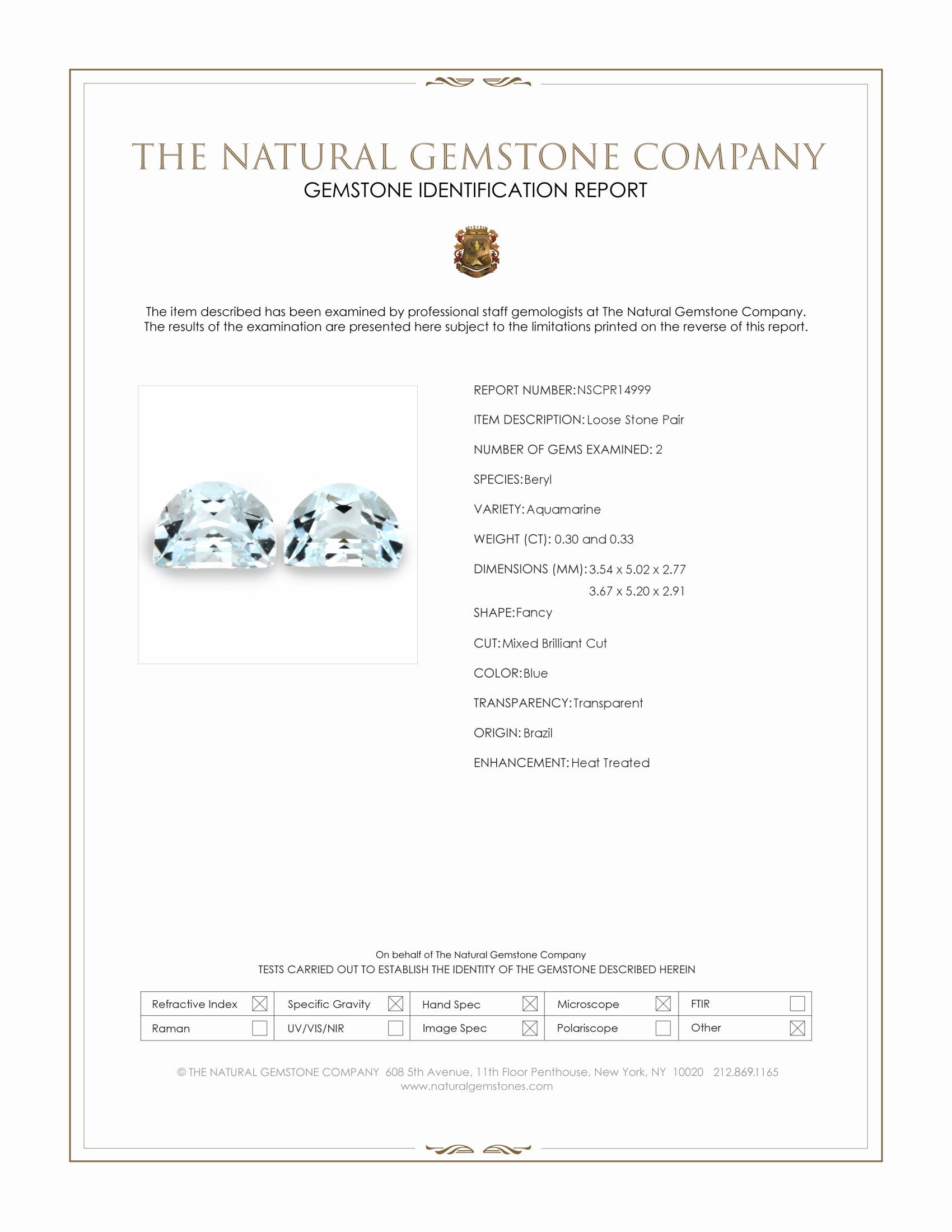 0.63 Ct.Tw. Blue Aquamarine Pair from Brazil