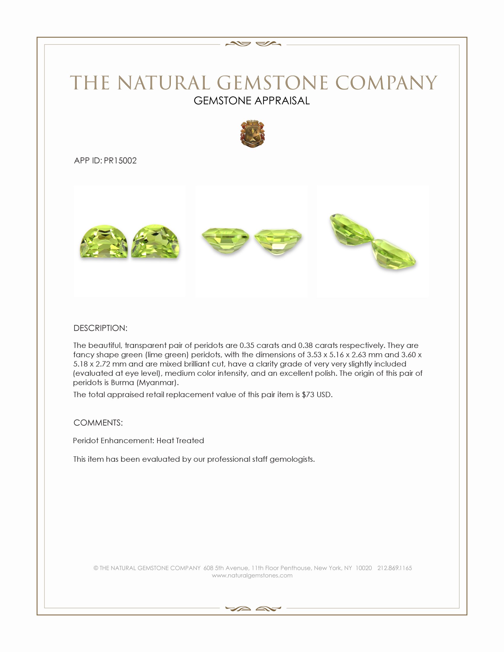 0.73 Ct.Tw. Green (Lime Green) Peridot Pair from Burma (Myanmar)