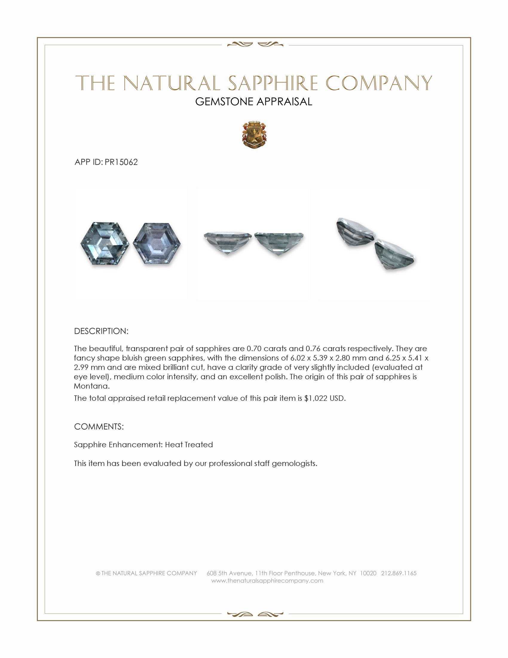 1.46 Ct.Tw. Bluish Green Sapphire Pair from Montana