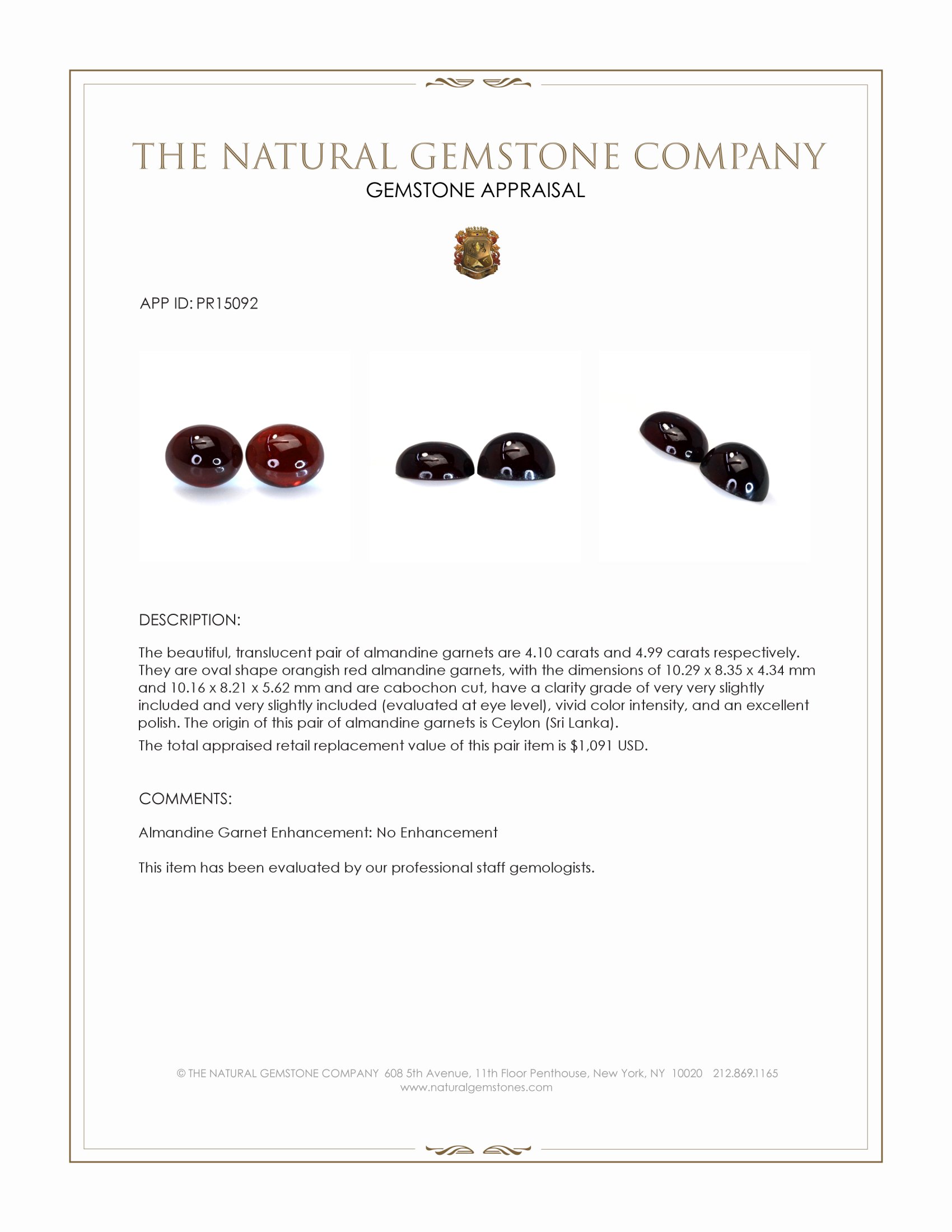 9.09 Ct.Tw. Orangish Red Cabochon Almandine Garnet Pair from Ceylon (Sri Lanka)