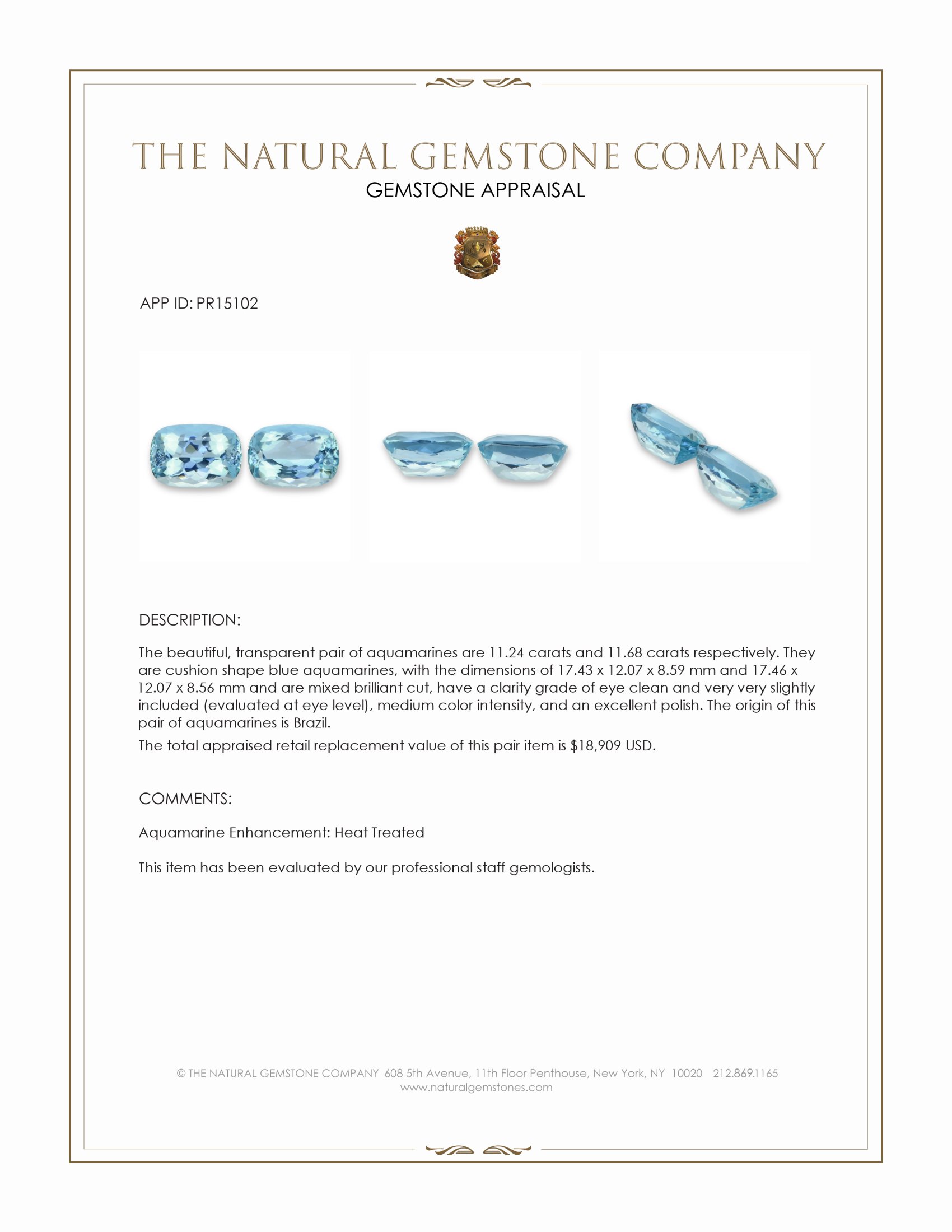 22.92 Ct.Tw. Blue Aquamarine Pair from Brazil