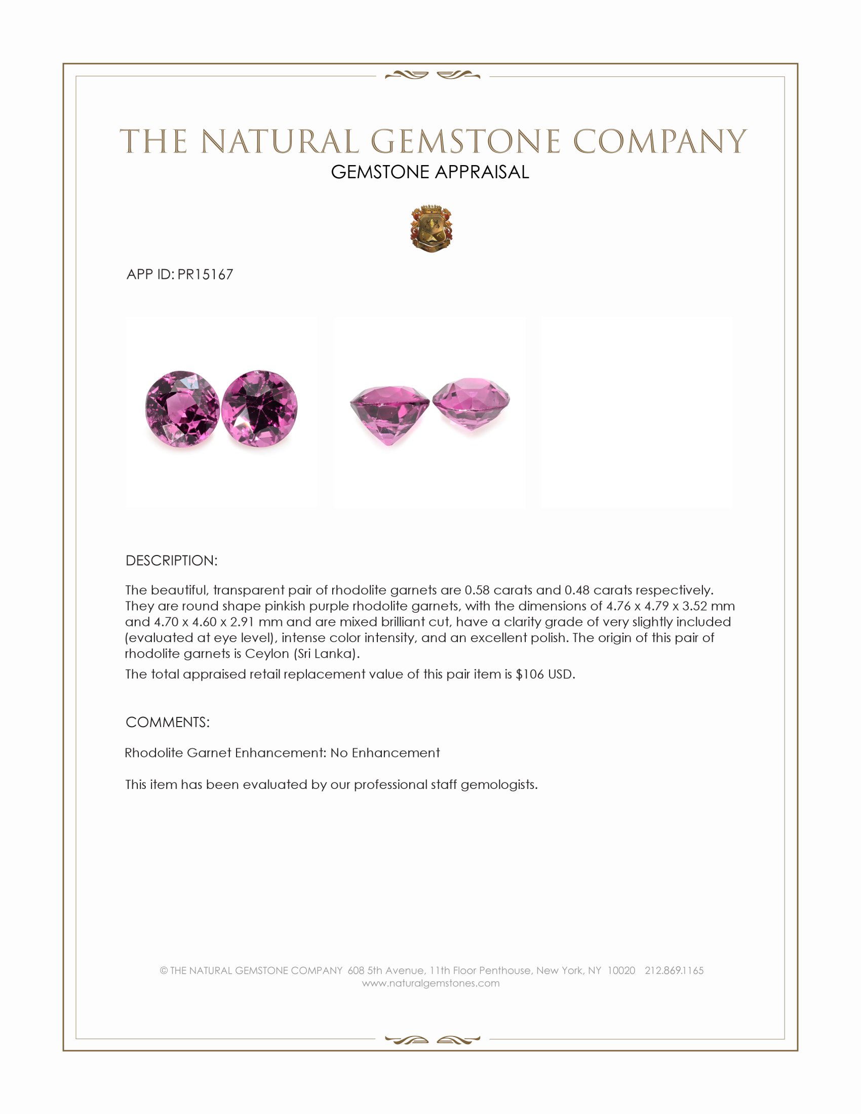 1.06 Ct.Tw. Pinkish Purple Rhodolite Garnet Pair from Ceylon (Sri Lanka)