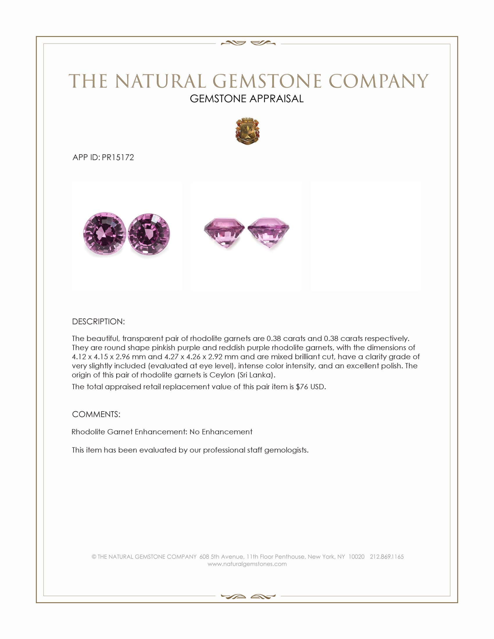 0.76 Ct.Tw. Pinkish Purple Rhodolite Garnet Pair from Ceylon (Sri Lanka)