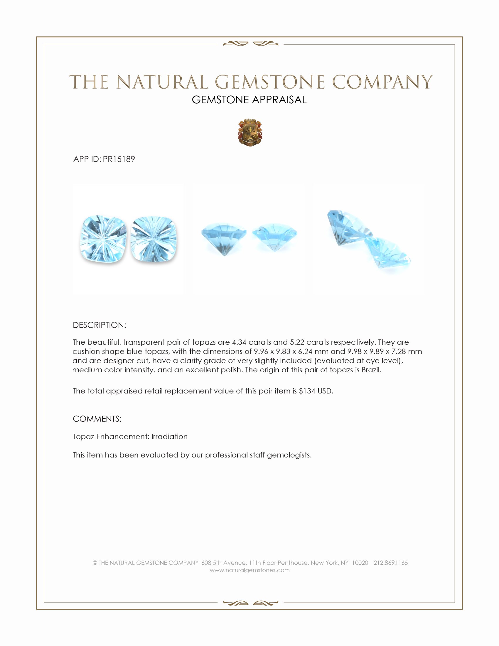 9.56 Ct.Tw. Blue Topaz Pair from Brazil