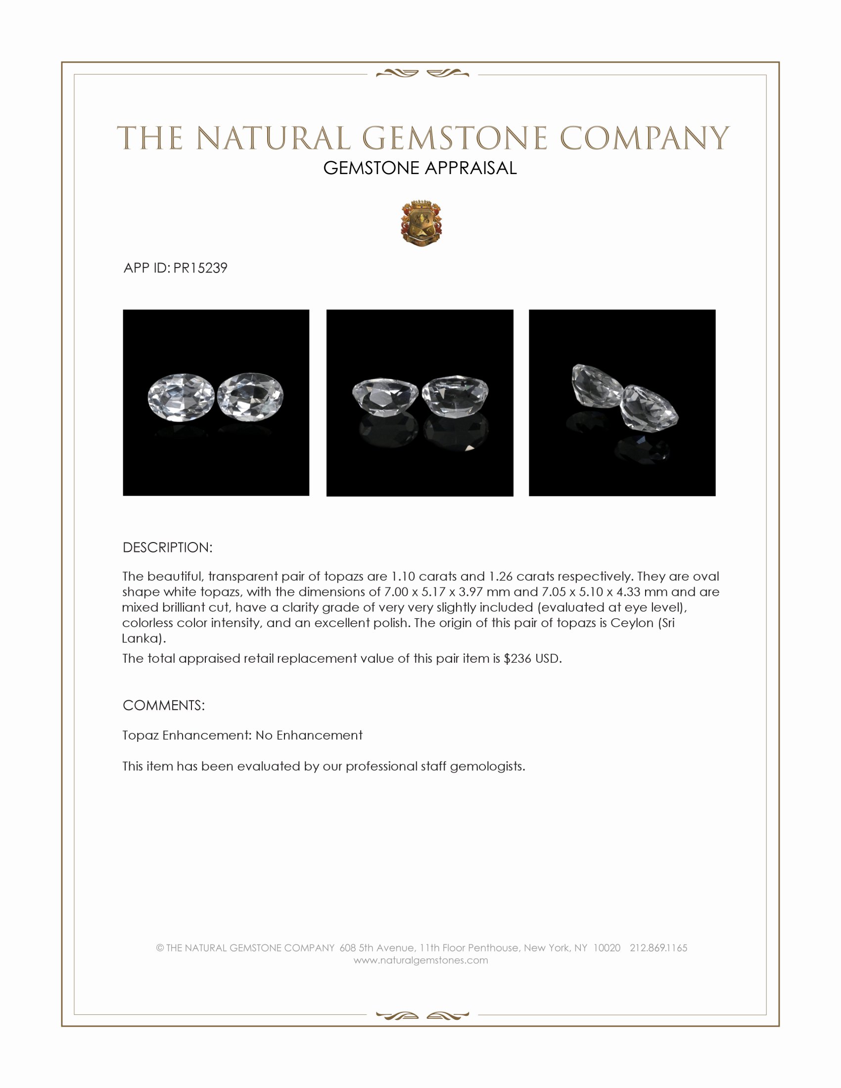 2.36 Ct.Tw. White Topaz Pair from Ceylon (Sri Lanka)
