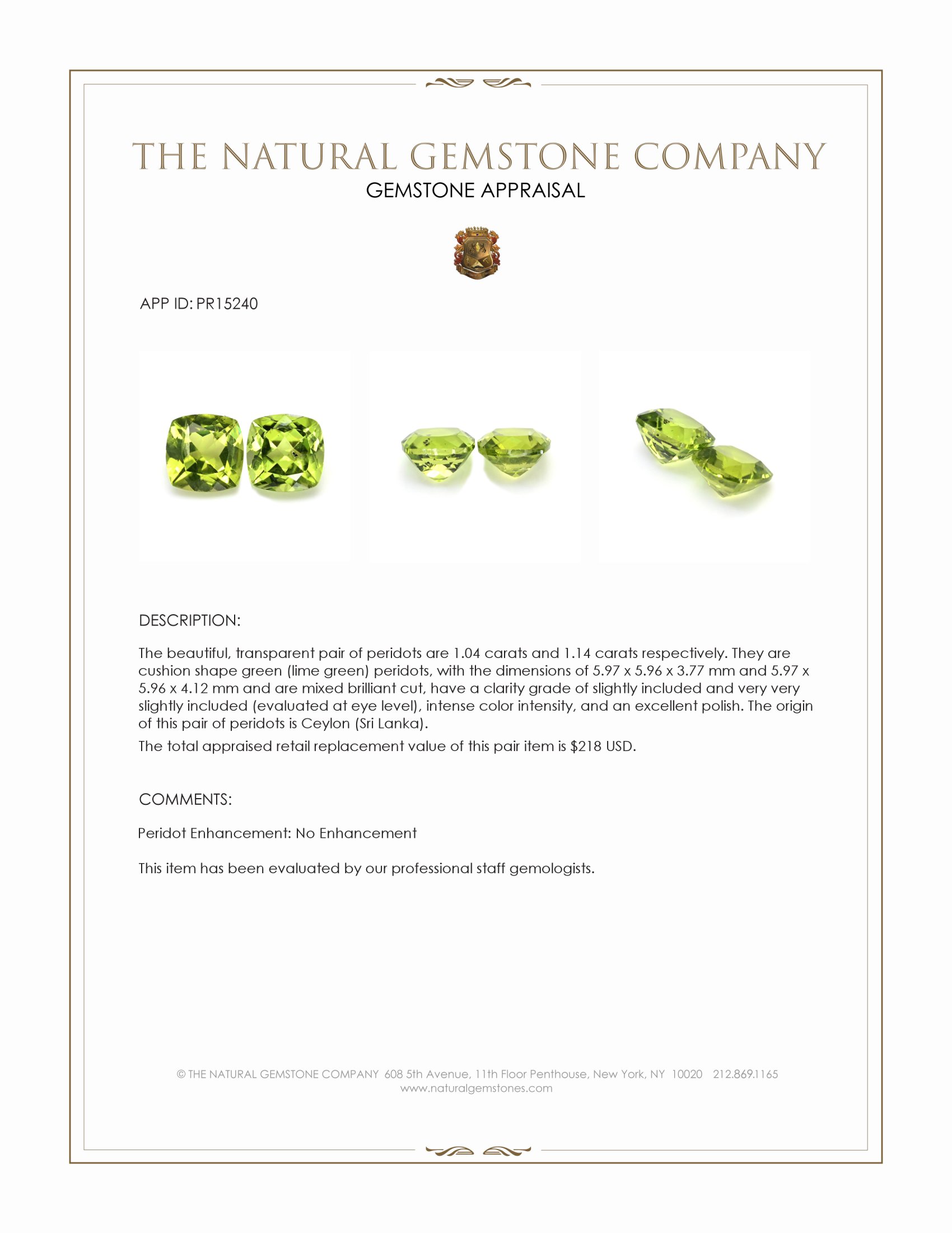 2.18 Ct.Tw. Green (Lime Green) Peridot Pair from Ceylon (Sri Lanka)