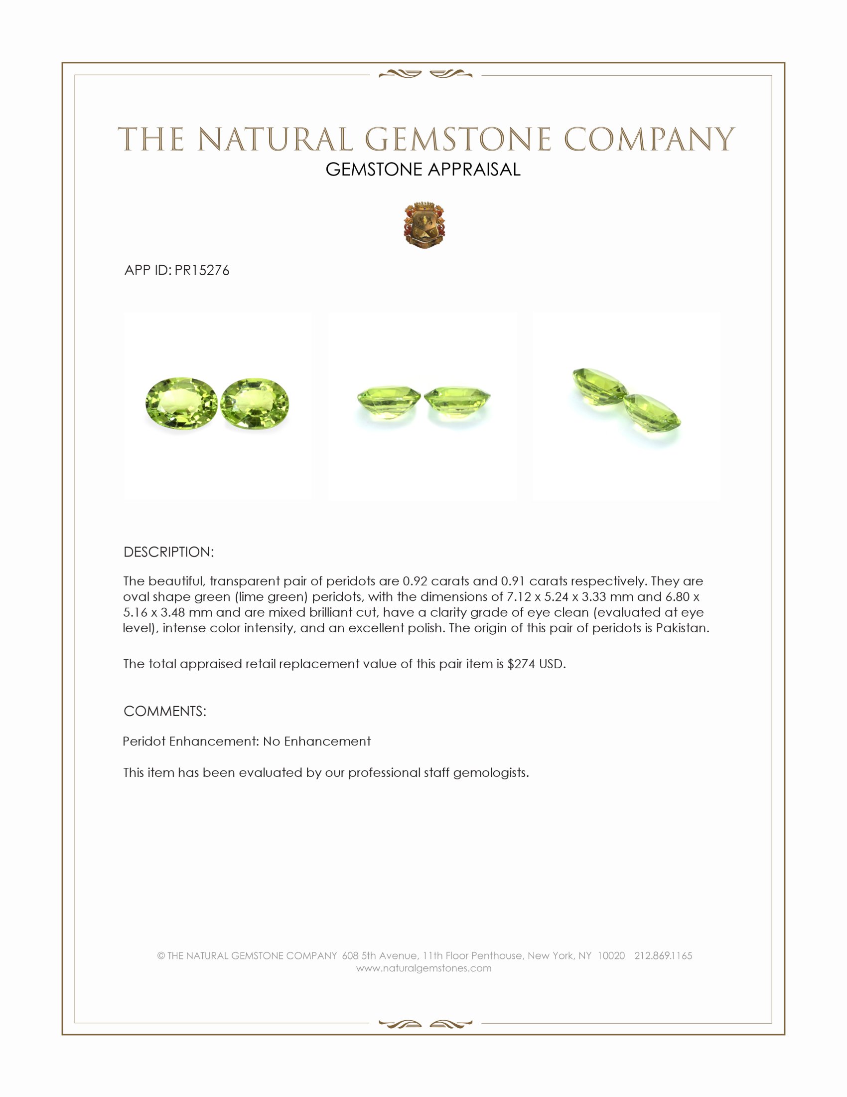 1.83 Ct.Tw. Green (Lime Green) Peridot Pair from Pakistan
