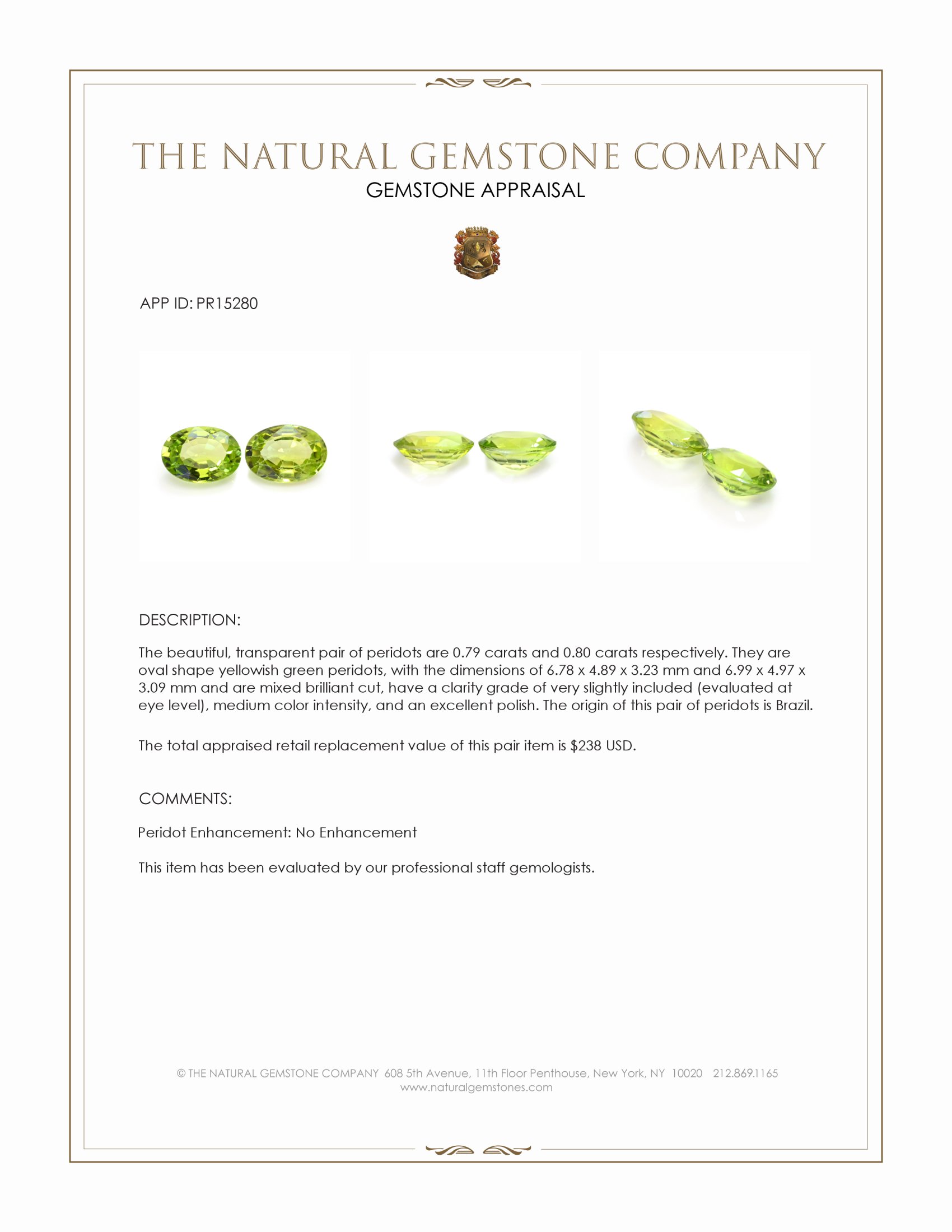 1.59 Ct.Tw. Yellowish Green Peridot Pair from Brazil
