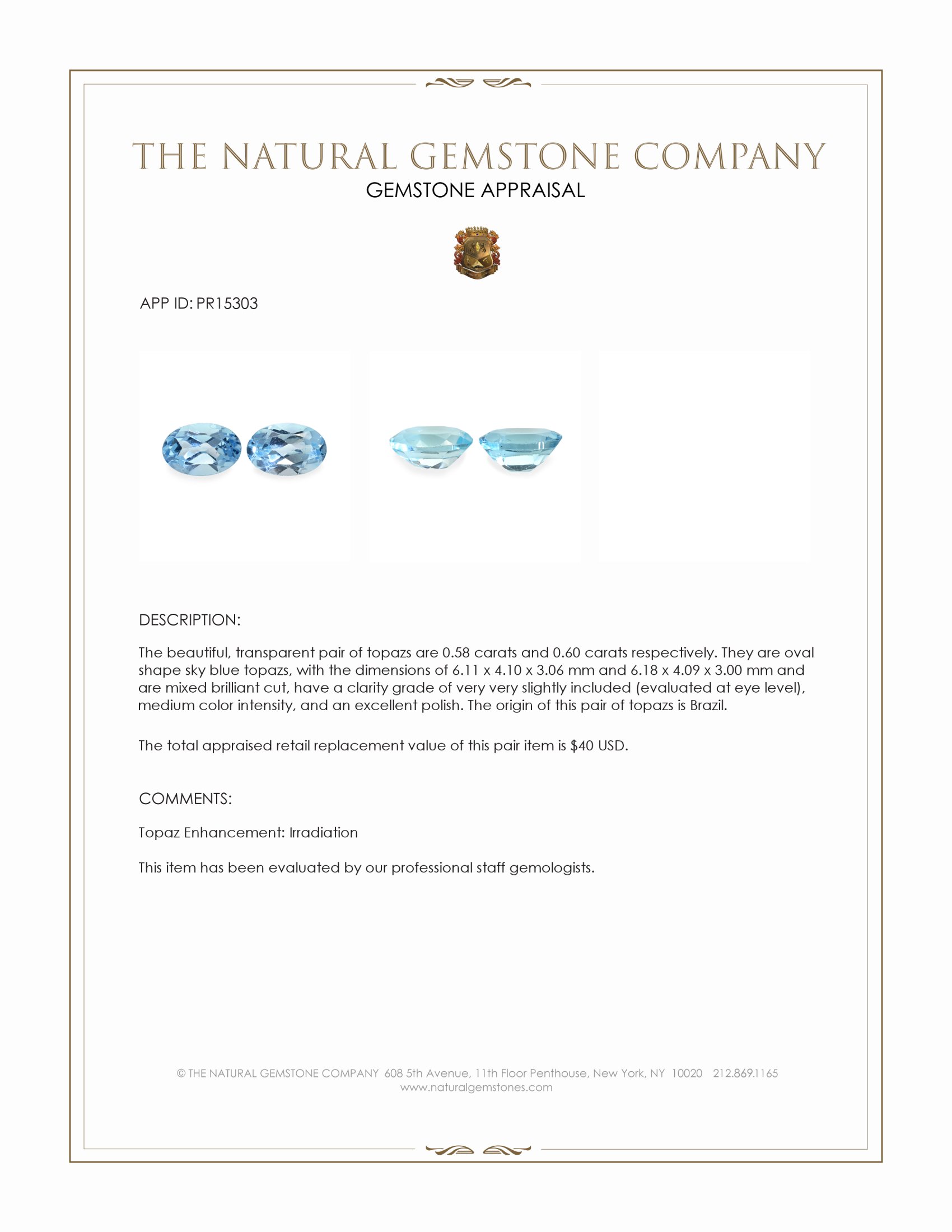 1.18 Ct.Tw. Sky Blue Topaz Pair from Brazil