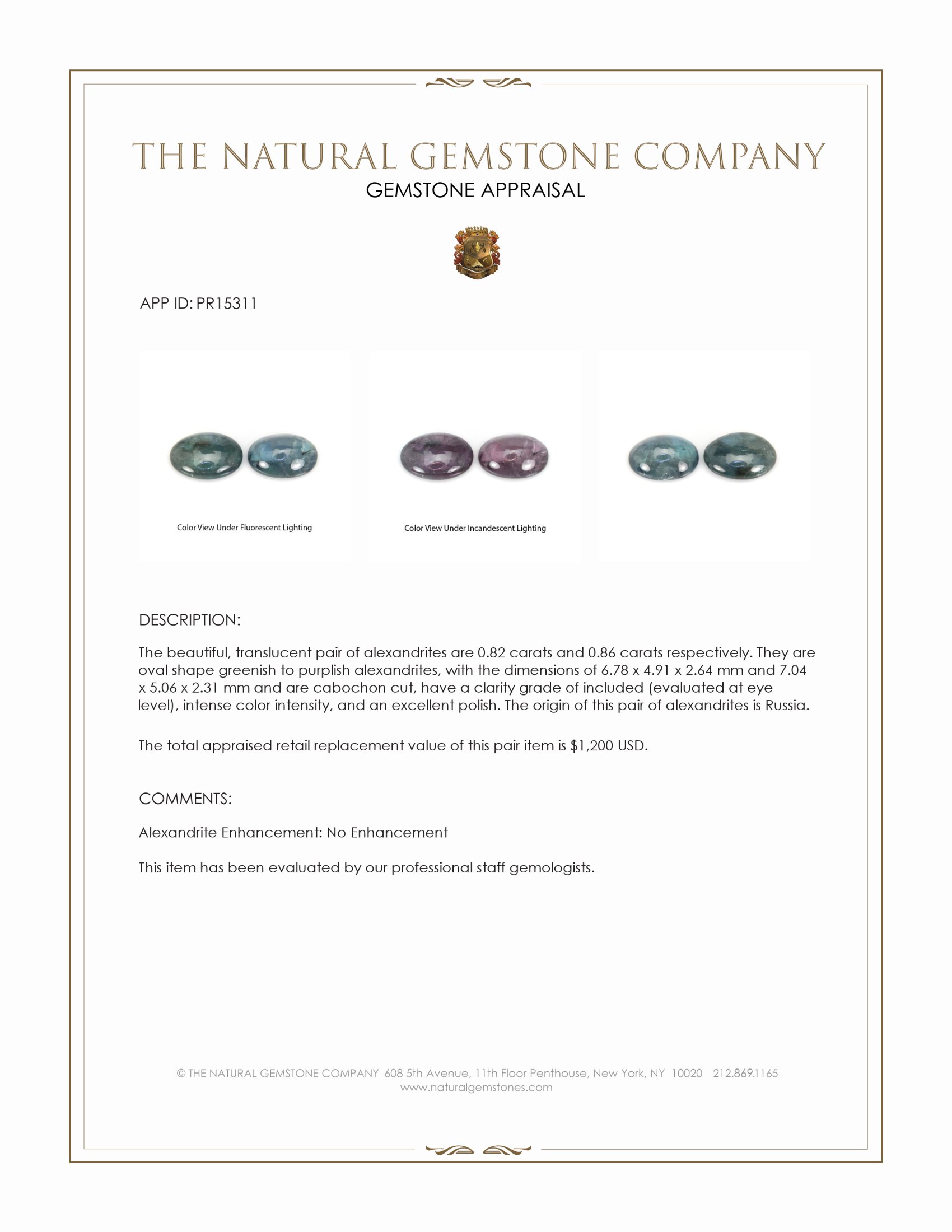 1.68 Ct.Tw. Cabochon Alexandrite Pair from Russia