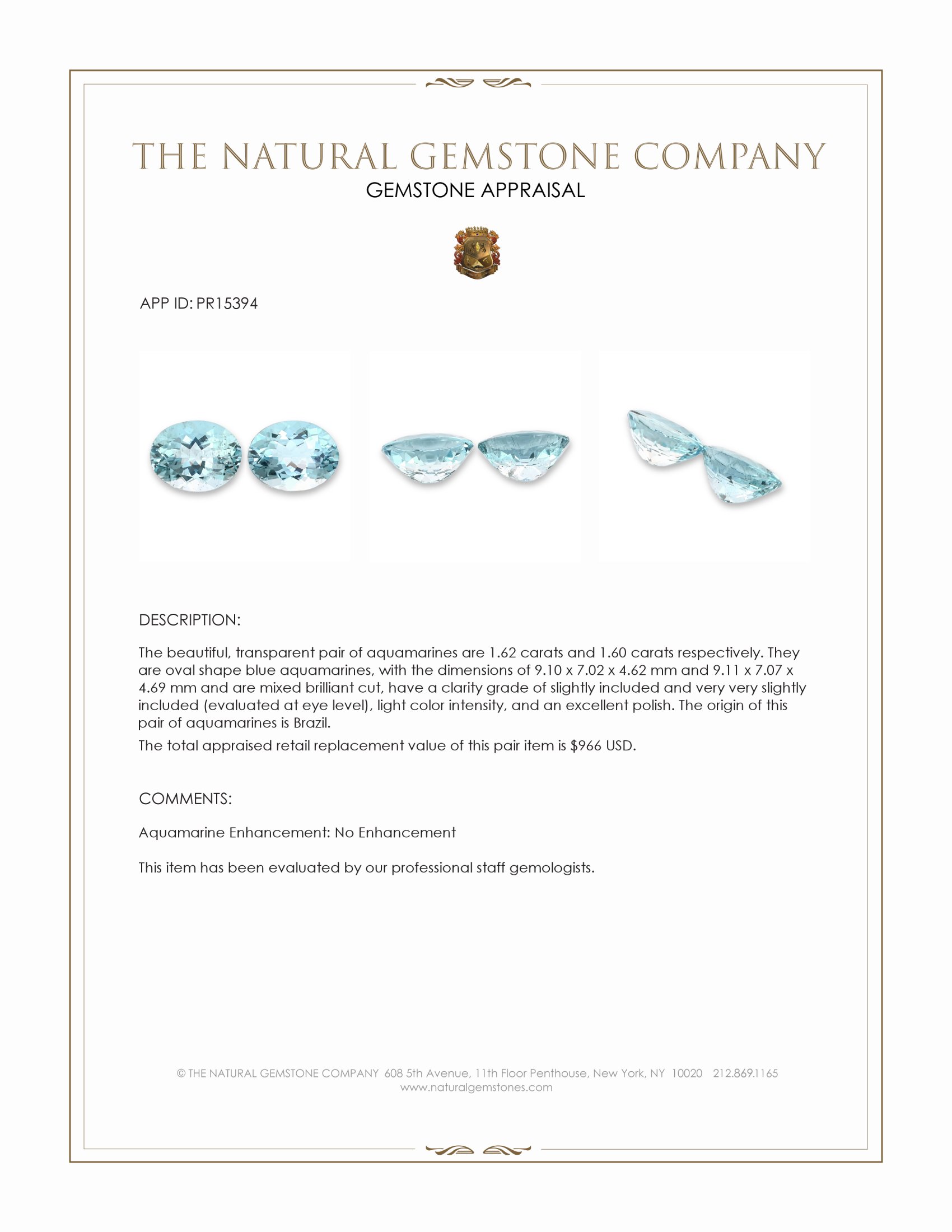 3.22 Ct.Tw. Blue Aquamarine Pair from Brazil