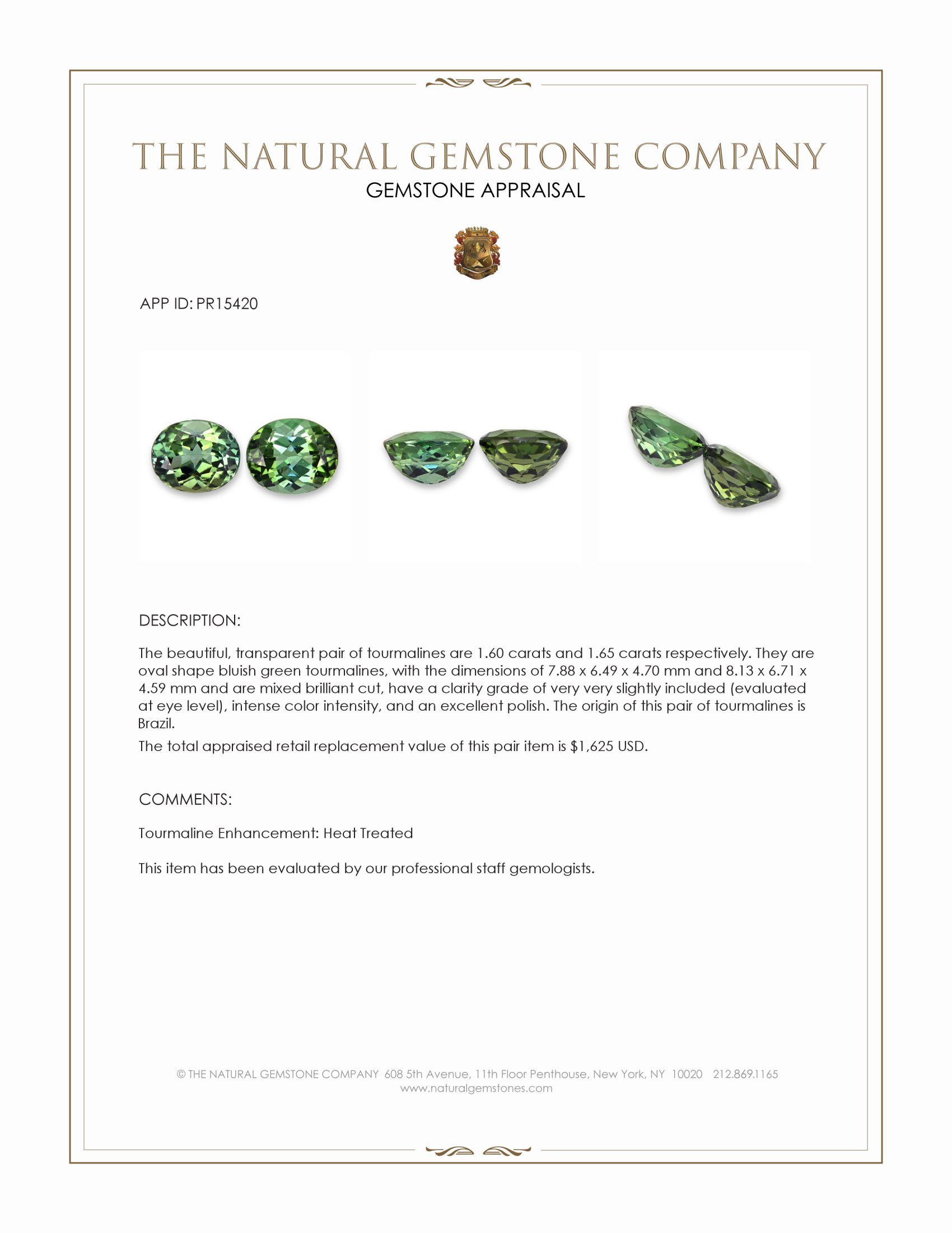 3.25 Ct.Tw. Bluish Green Tourmaline Pair from Brazil