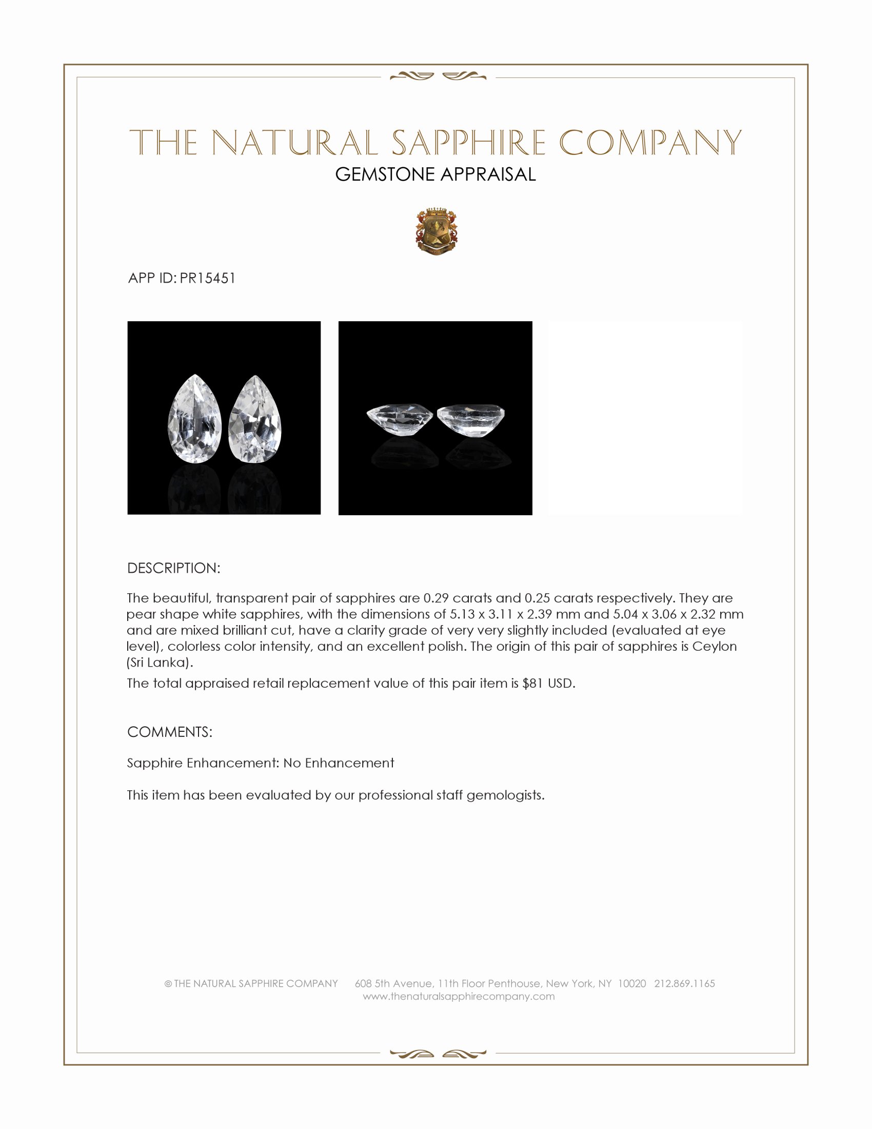 0.54 Ct.Tw. White Sapphire Pair from Ceylon (Sri Lanka)
