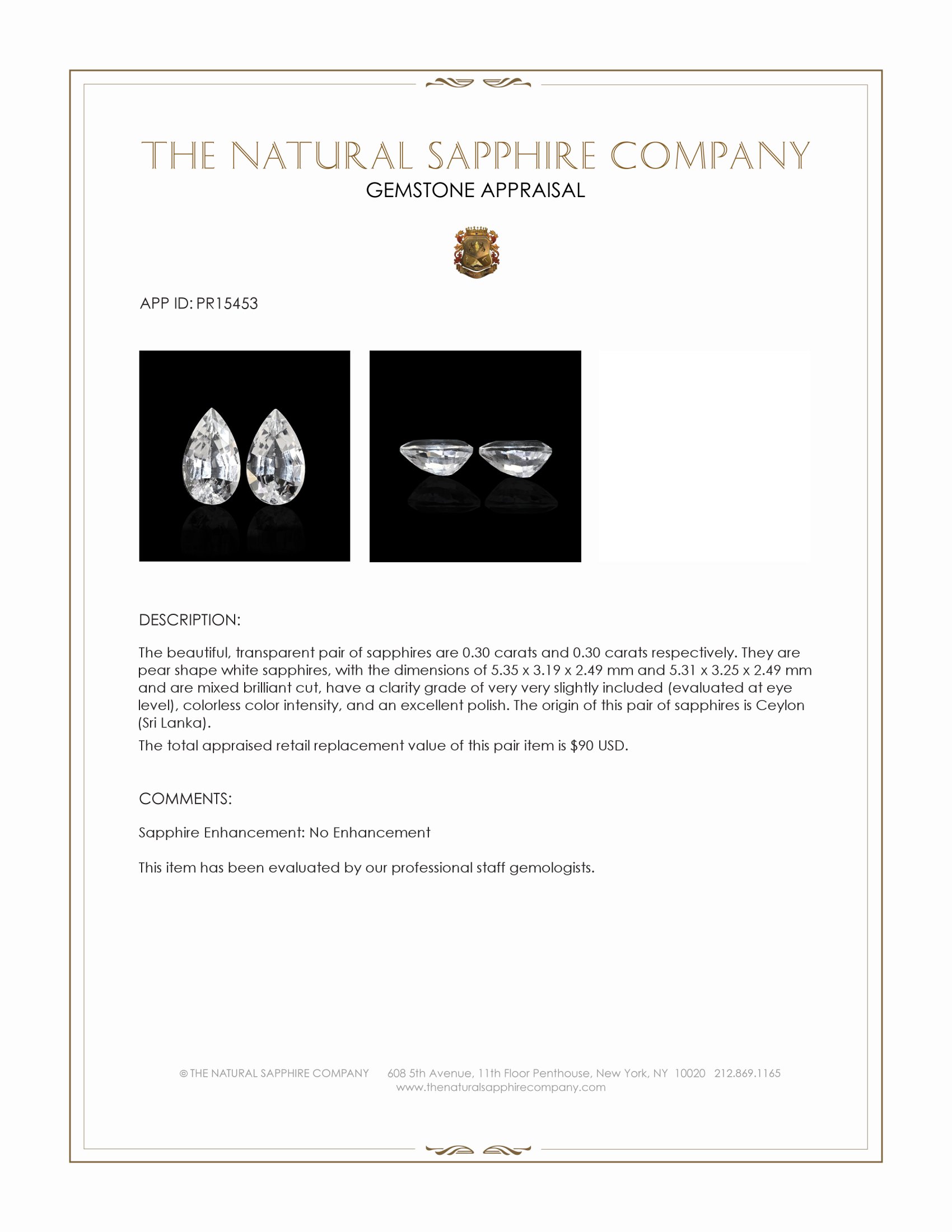 0.60 Ct.Tw. White Sapphire Pair from Ceylon (Sri Lanka)