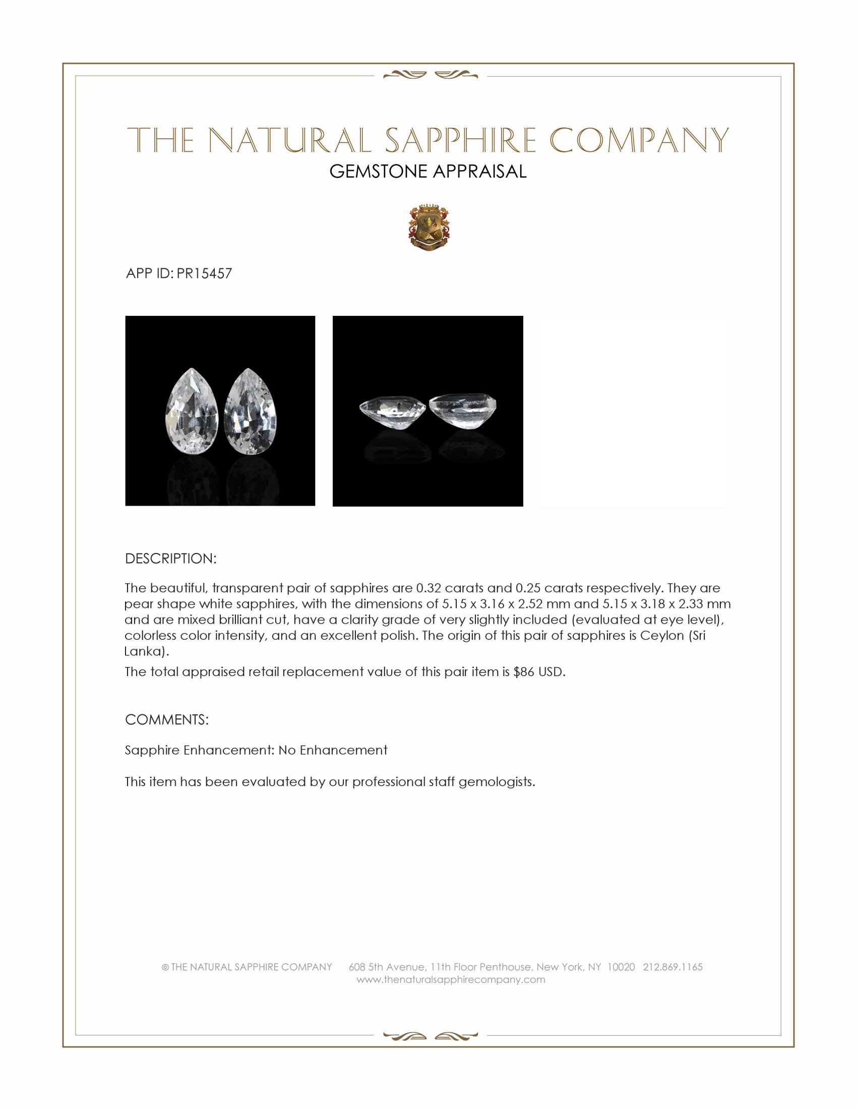 0.57 Ct.Tw. White Sapphire Pair from Ceylon (Sri Lanka)