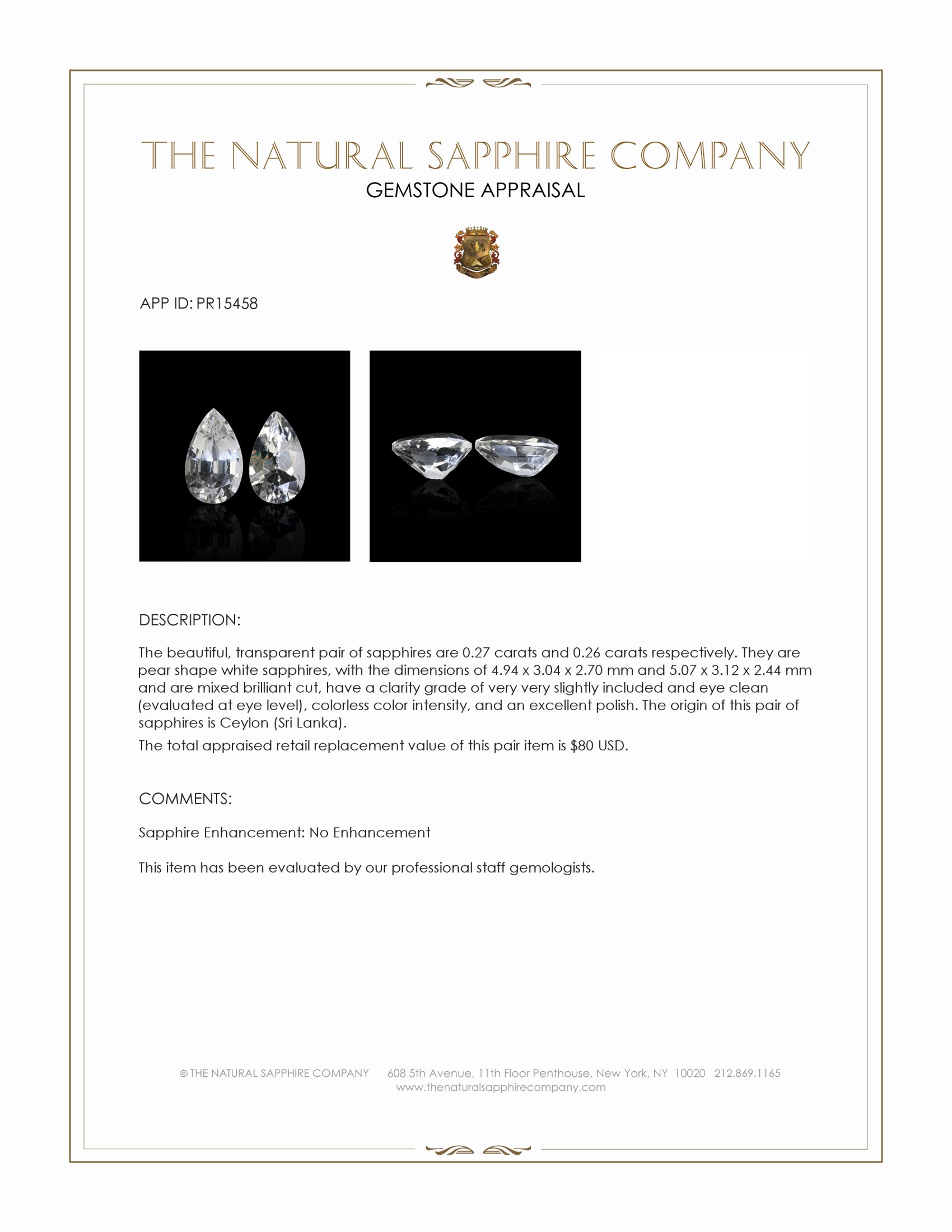 0.53 Ct.Tw. White Sapphire Pair from Ceylon (Sri Lanka)