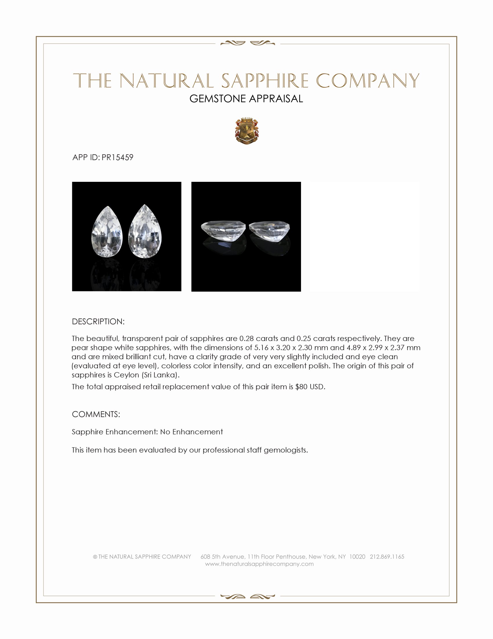 0.53 Ct.Tw. White Sapphire Pair from Ceylon (Sri Lanka)