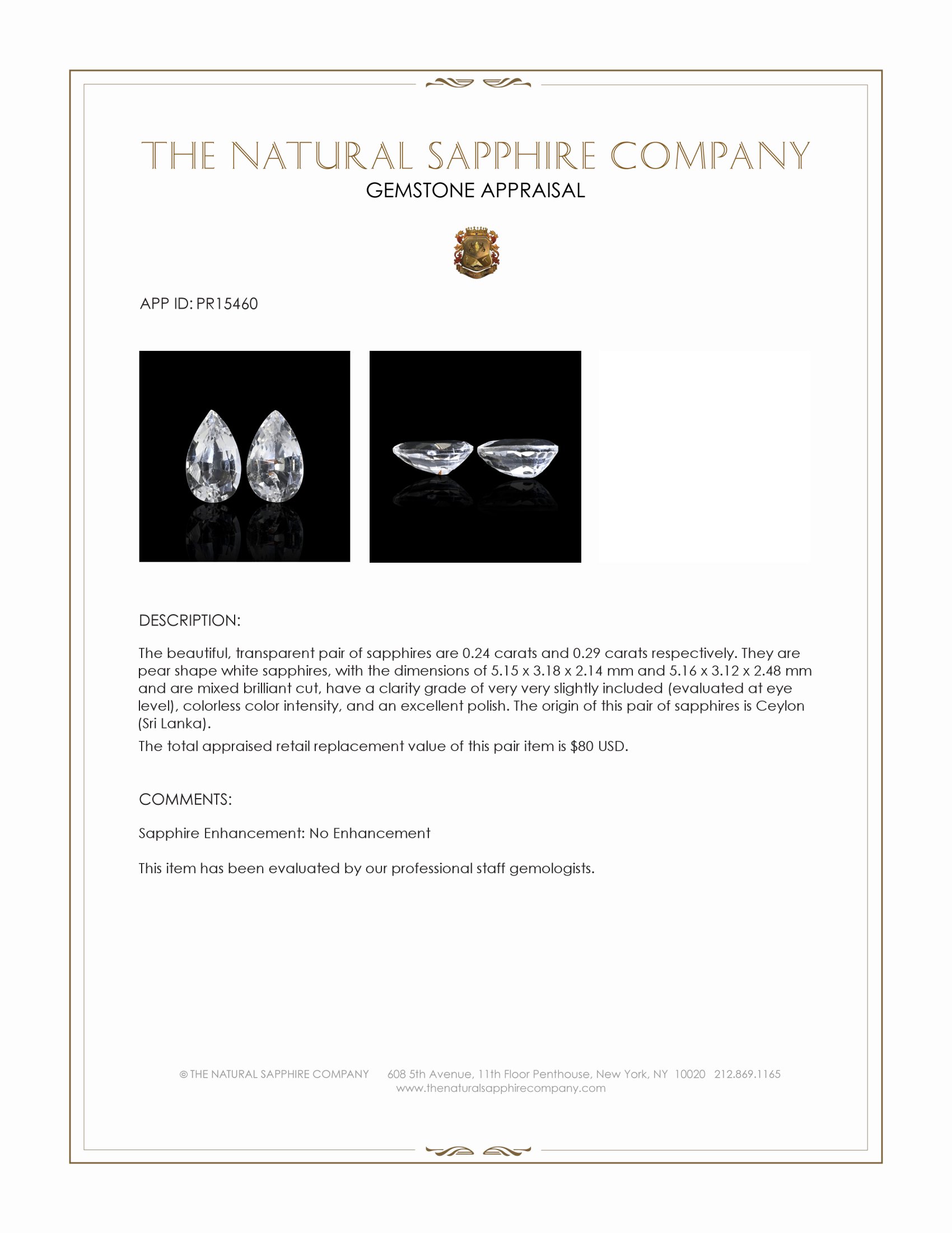 0.53 Ct.Tw. White Sapphire Pair from Ceylon (Sri Lanka)