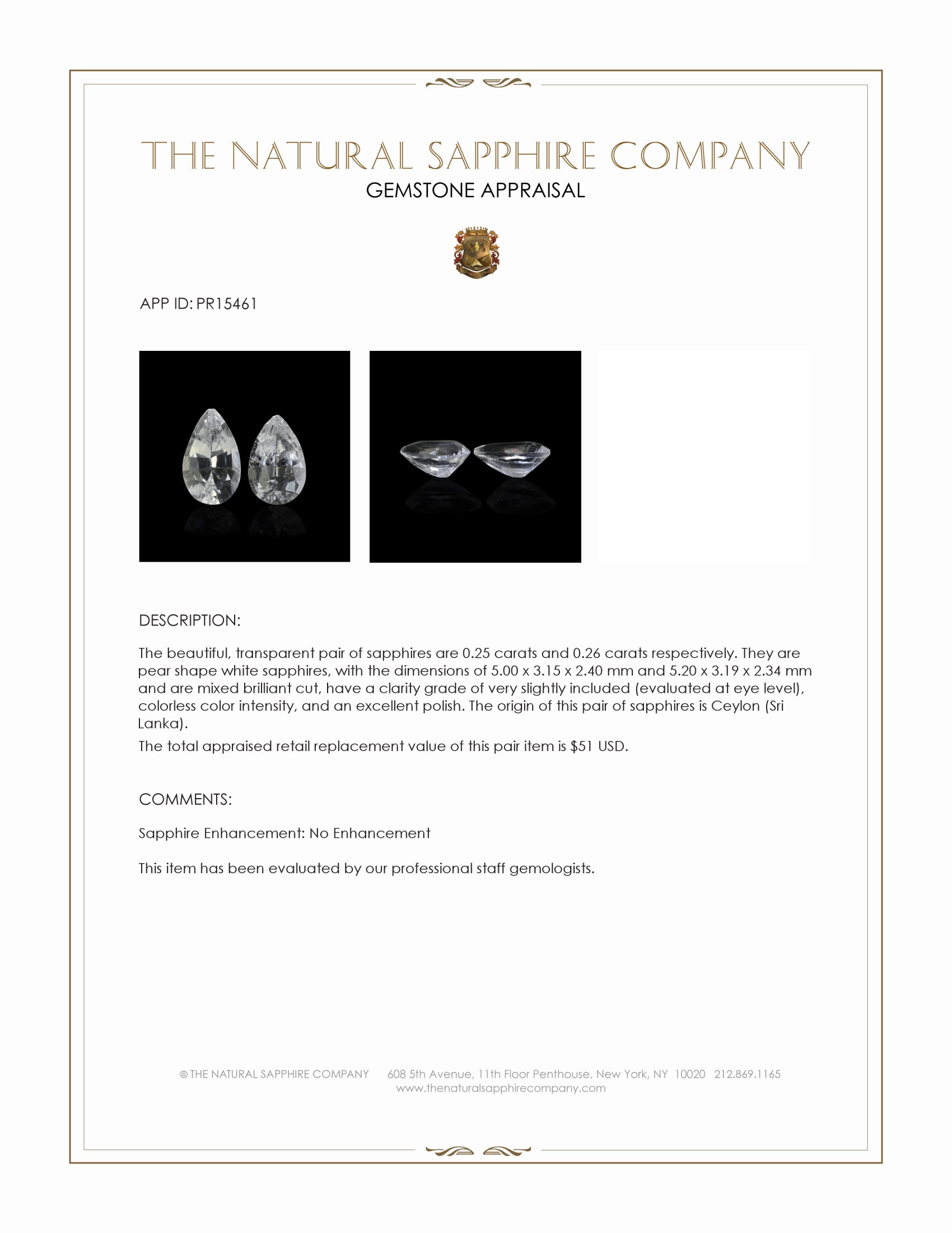 0.51 Ct.Tw. White Sapphire Pair from Ceylon (Sri Lanka)