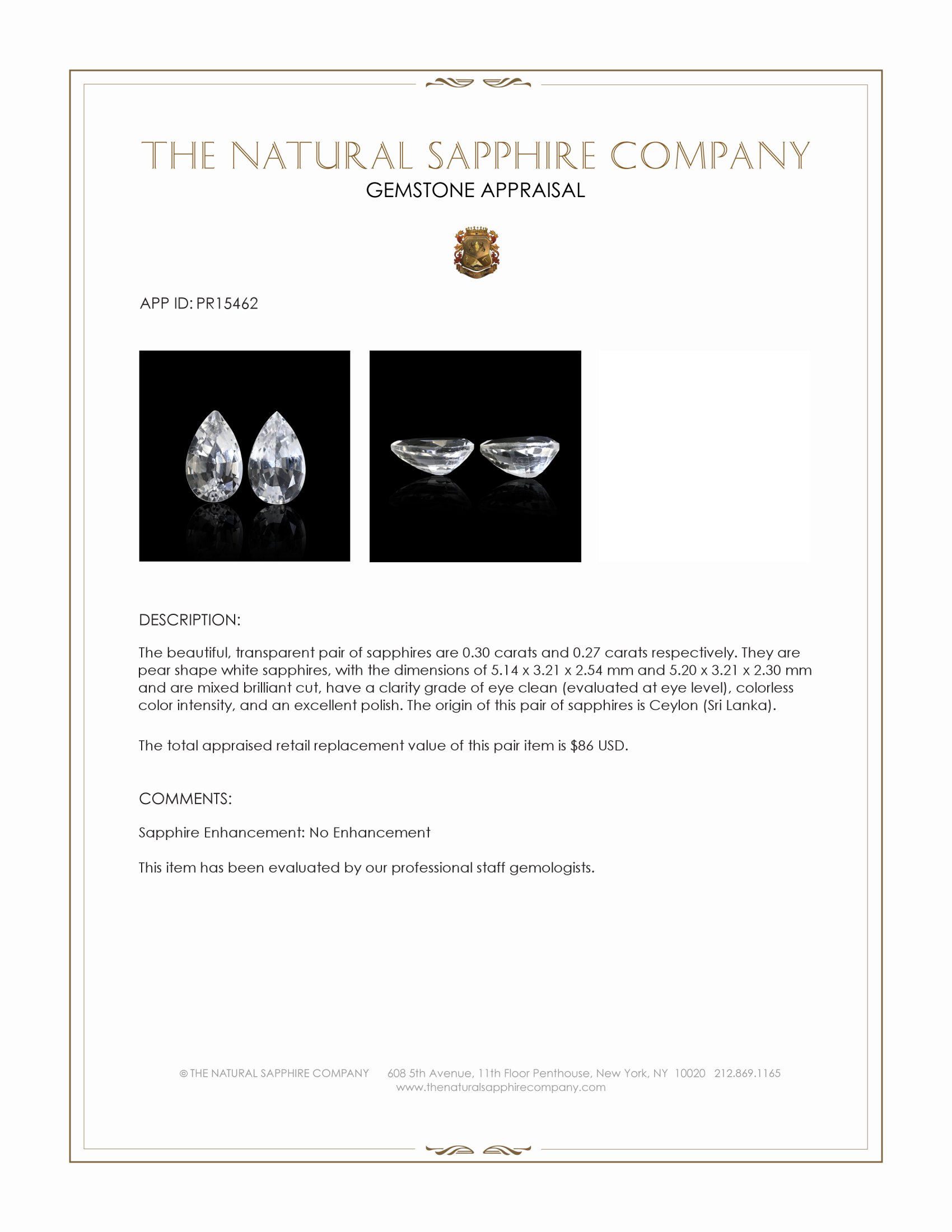 0.57 Ct.Tw. White Sapphire Pair from Ceylon (Sri Lanka)