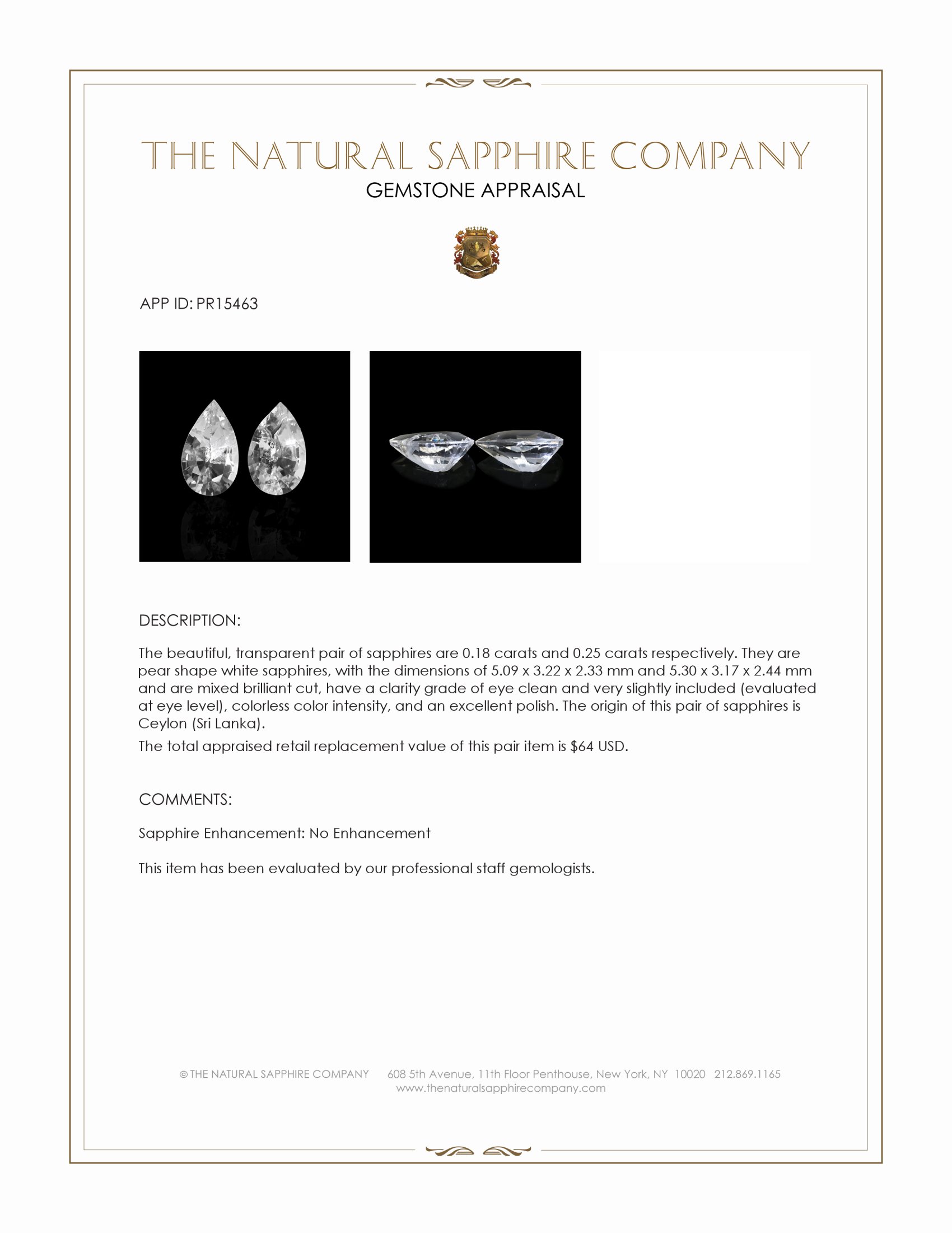 0.43 Ct.Tw. White Sapphire Pair from Ceylon (Sri Lanka)