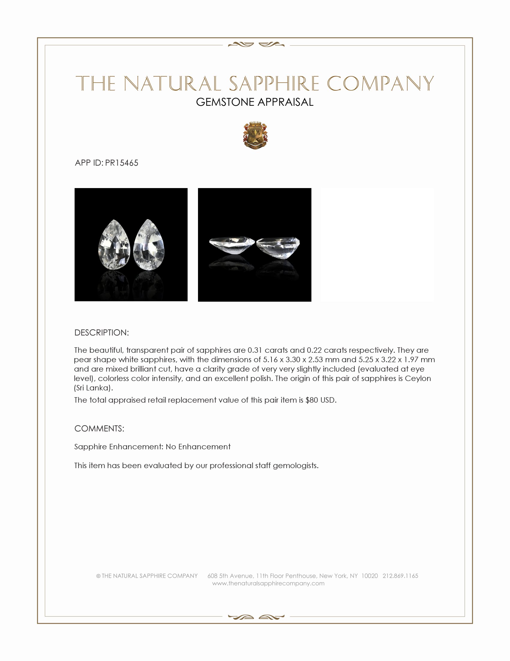 0.53 Ct.Tw. White Sapphire Pair from Ceylon (Sri Lanka)
