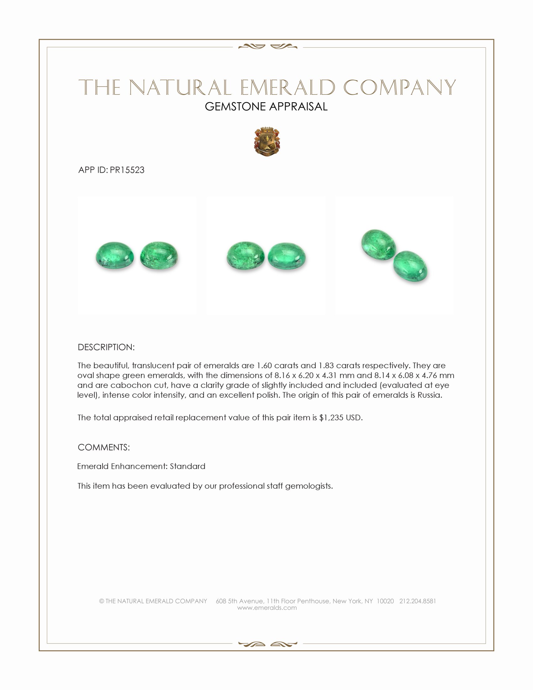 3.43 Ct.Tw. Cabochon Emerald Pair from Russia