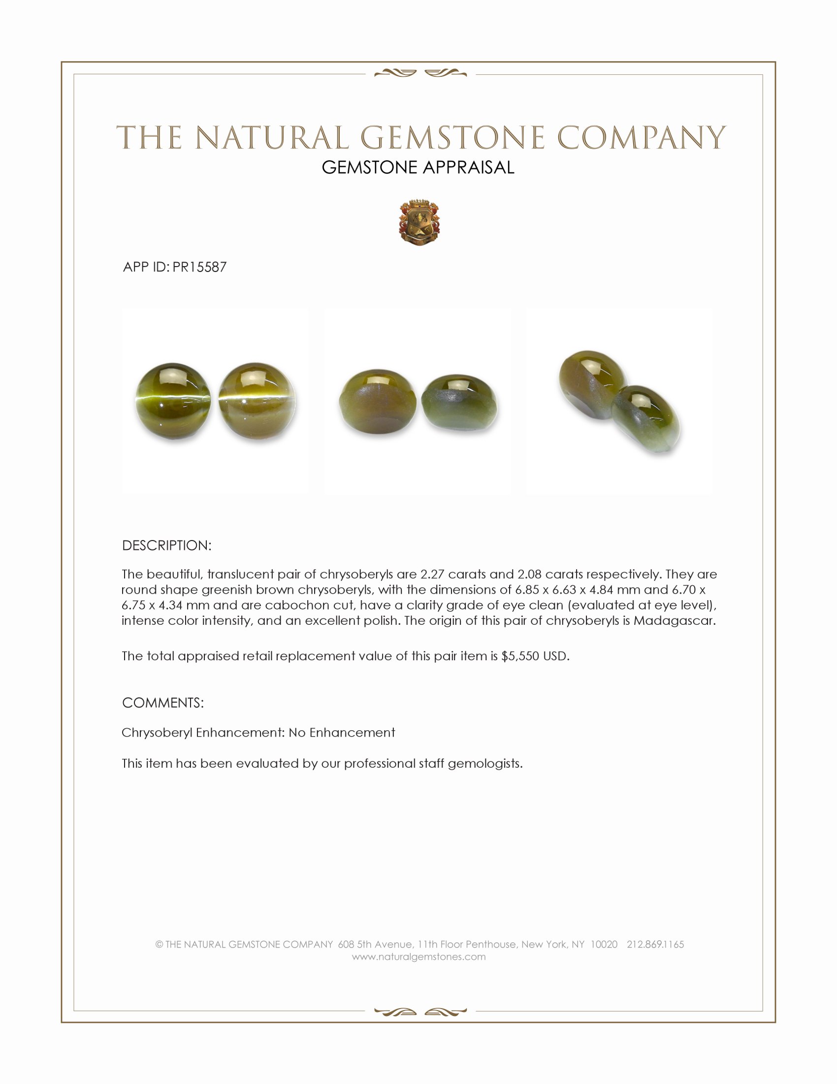 4.35 Ct.Tw. Greenish Brown Cabochon Chrysoberyl Pair from Madagascar