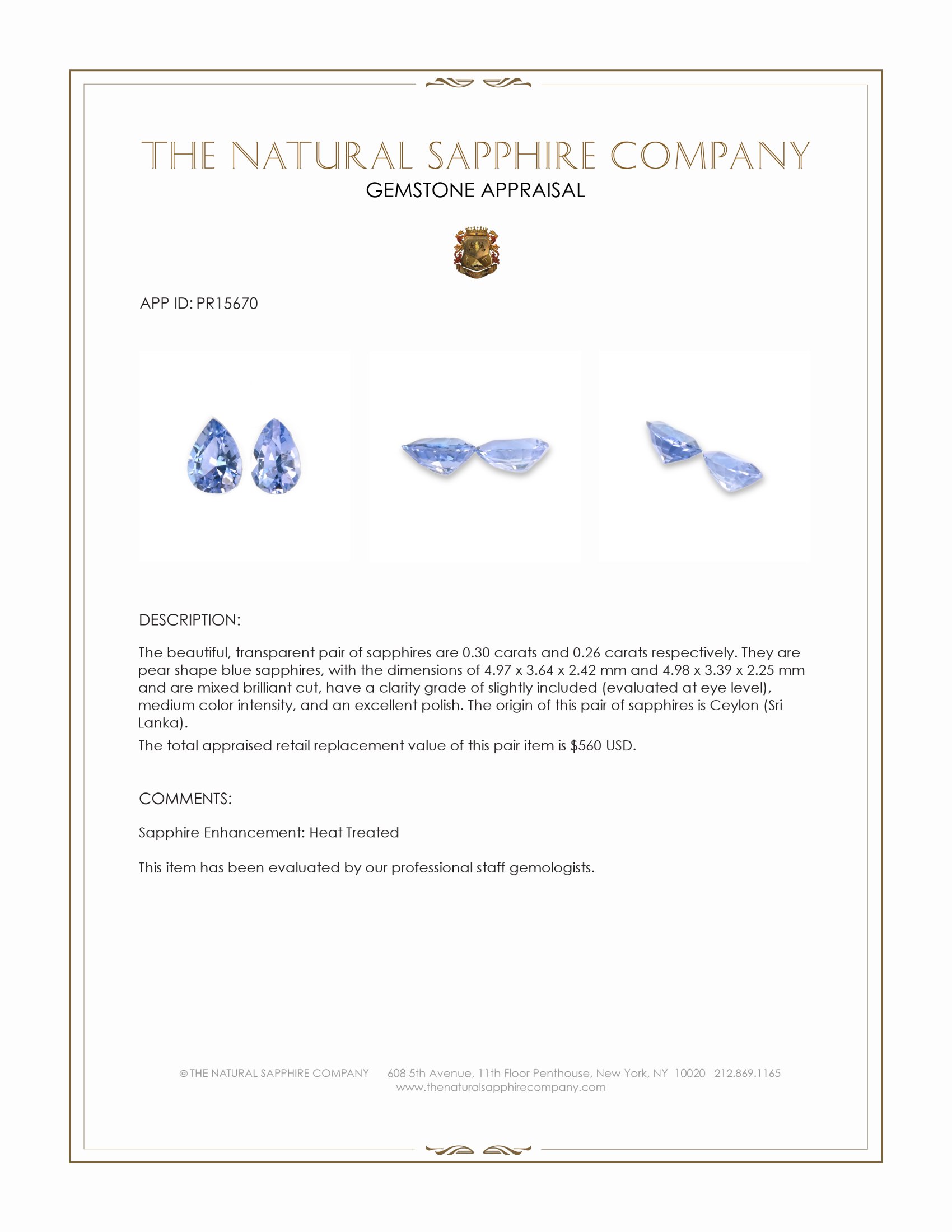 0.56 Ct.Tw. Blue Sapphire Pair from Ceylon (Sri Lanka)