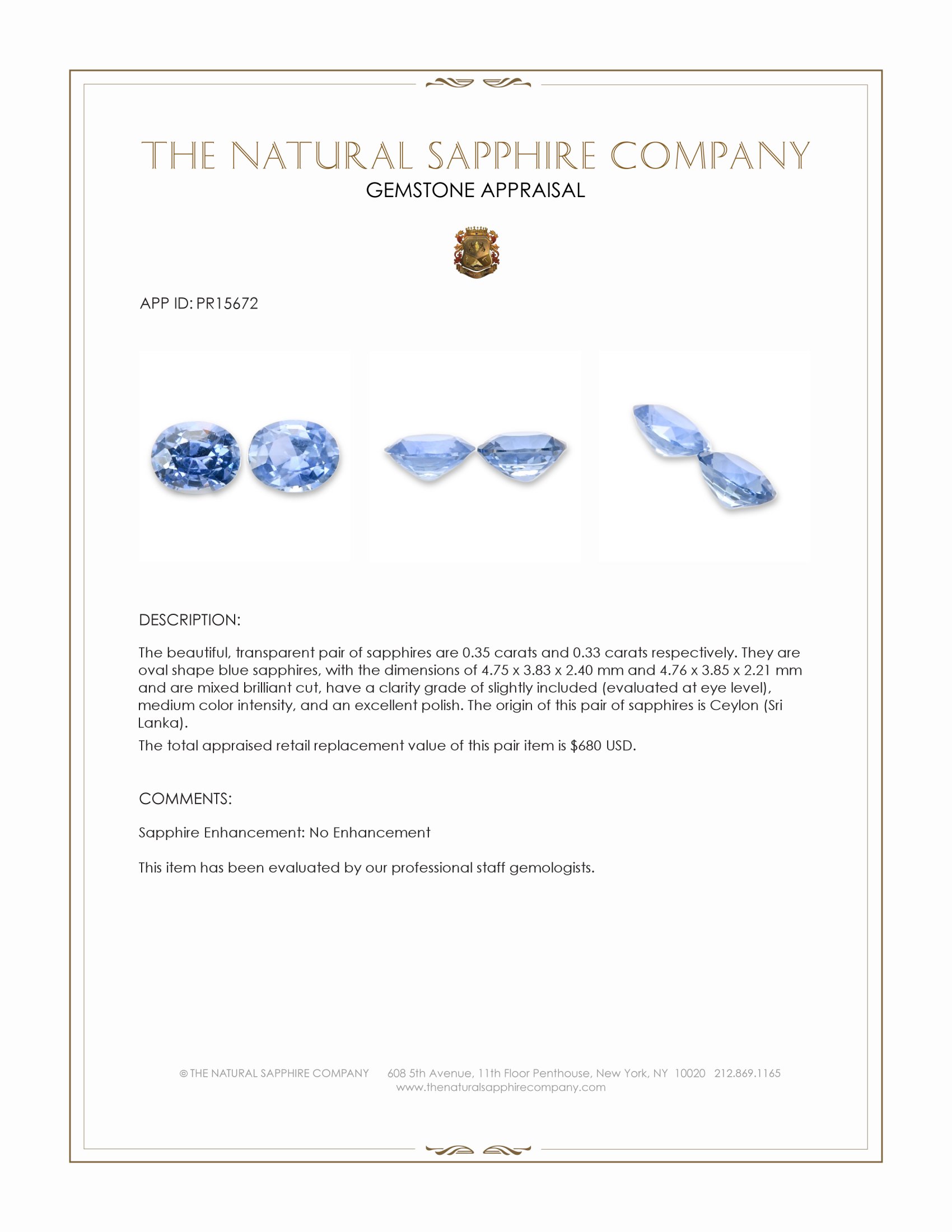 0.68 Ct.Tw. Blue Sapphire Pair from Ceylon (Sri Lanka)