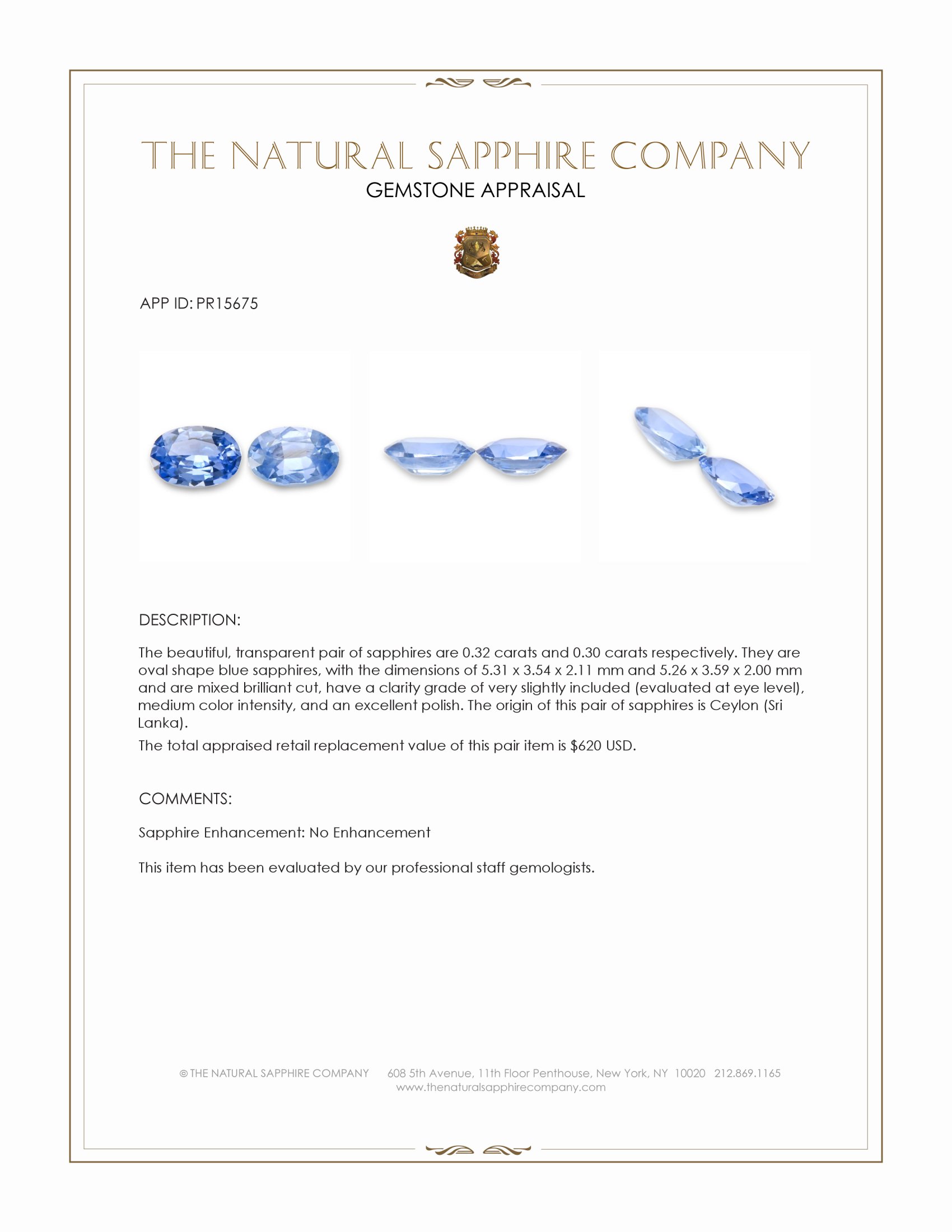 0.62 Ct.Tw. Blue Sapphire Pair from Ceylon (Sri Lanka)