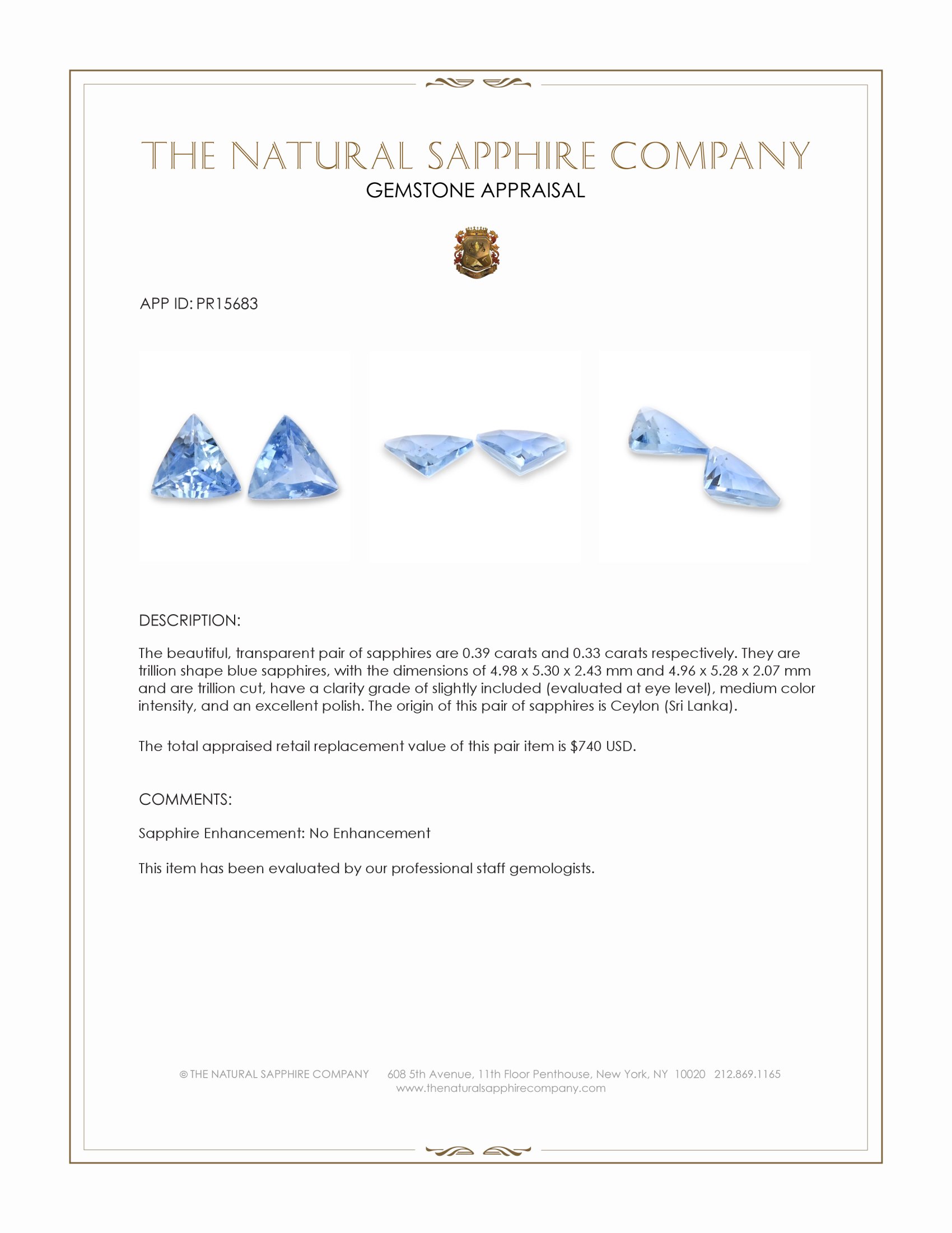 0.72 Ct.Tw. Blue Sapphire Pair from Ceylon (Sri Lanka)