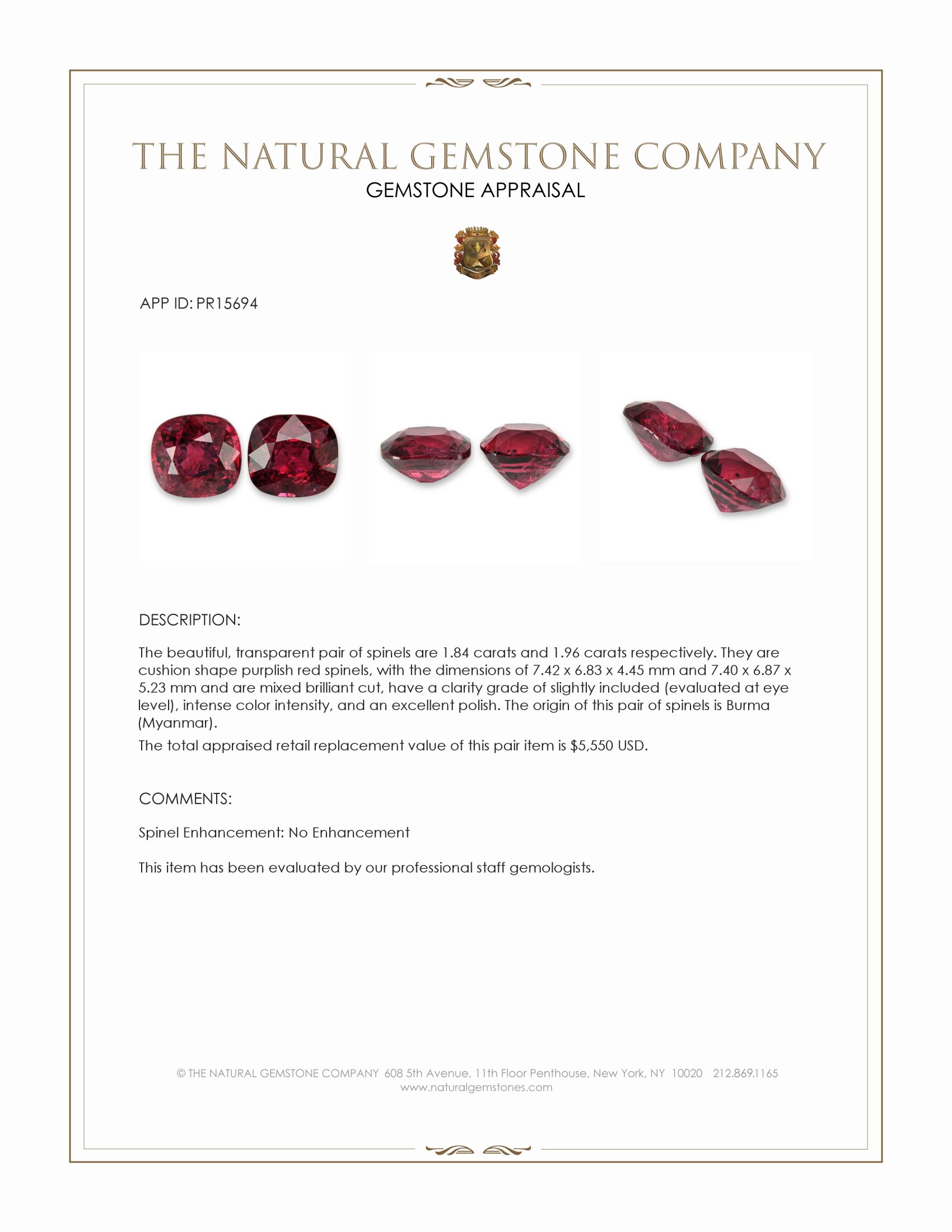 3.80 Ct.Tw. Purplish Red Spinel Pair from Burma (Myanmar)