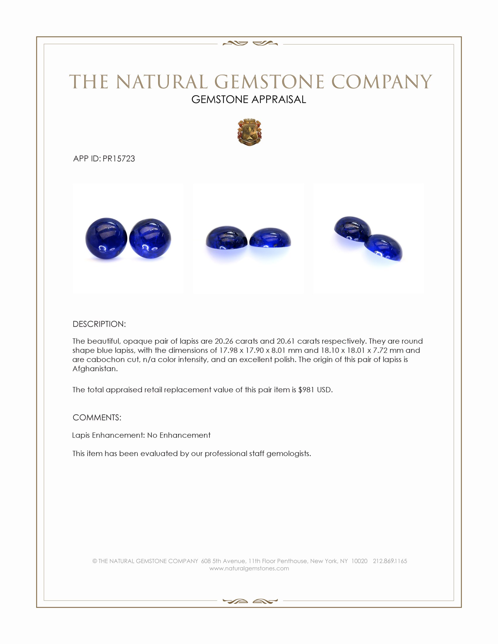 40.87 Ct.Tw. Cabochon Lapis Pair from Afghanistan