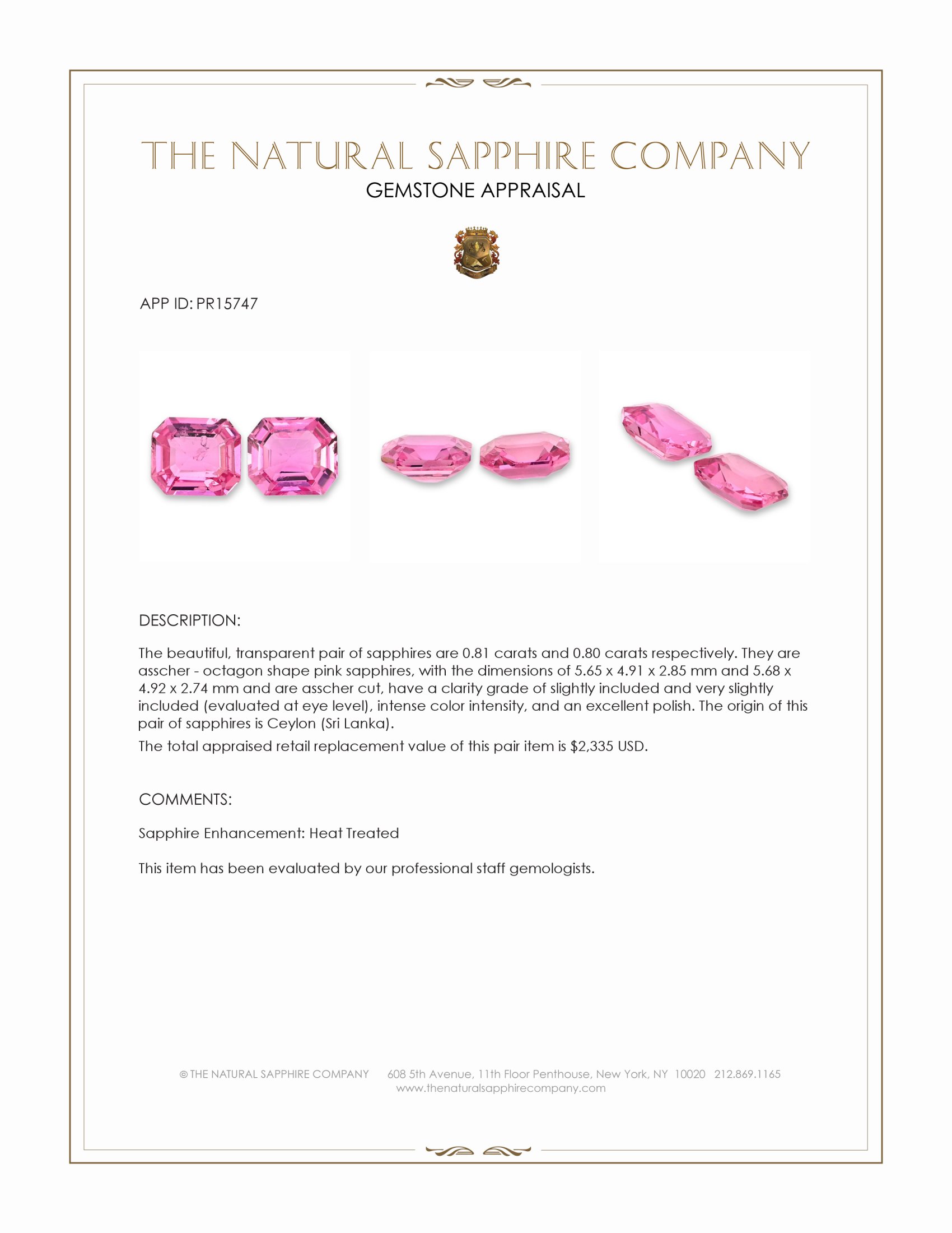 1.61 Ct.Tw. Pink Sapphire Pair from Ceylon (Sri Lanka)