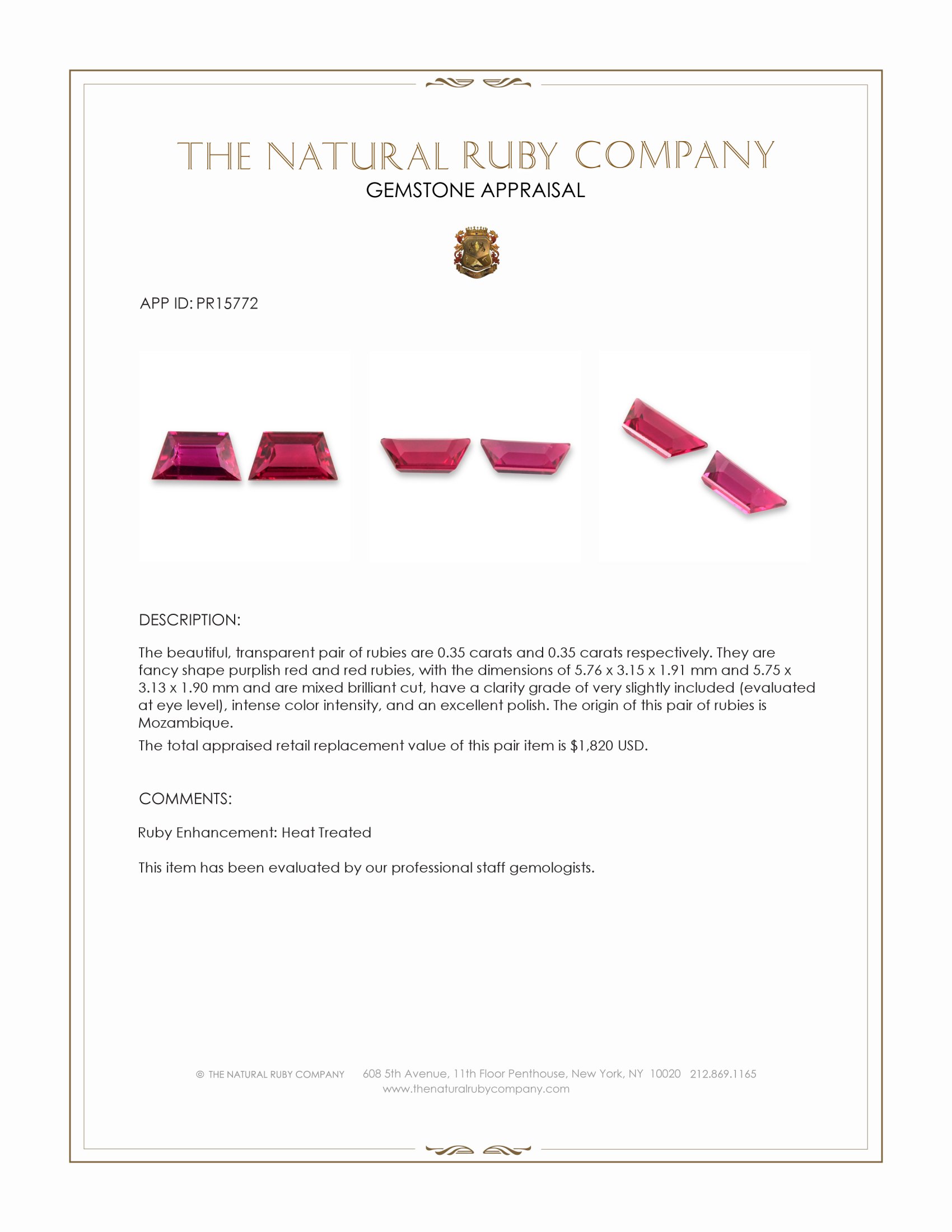 0.70 Ct.Tw. Purplish Red Ruby Pair from Mozambique