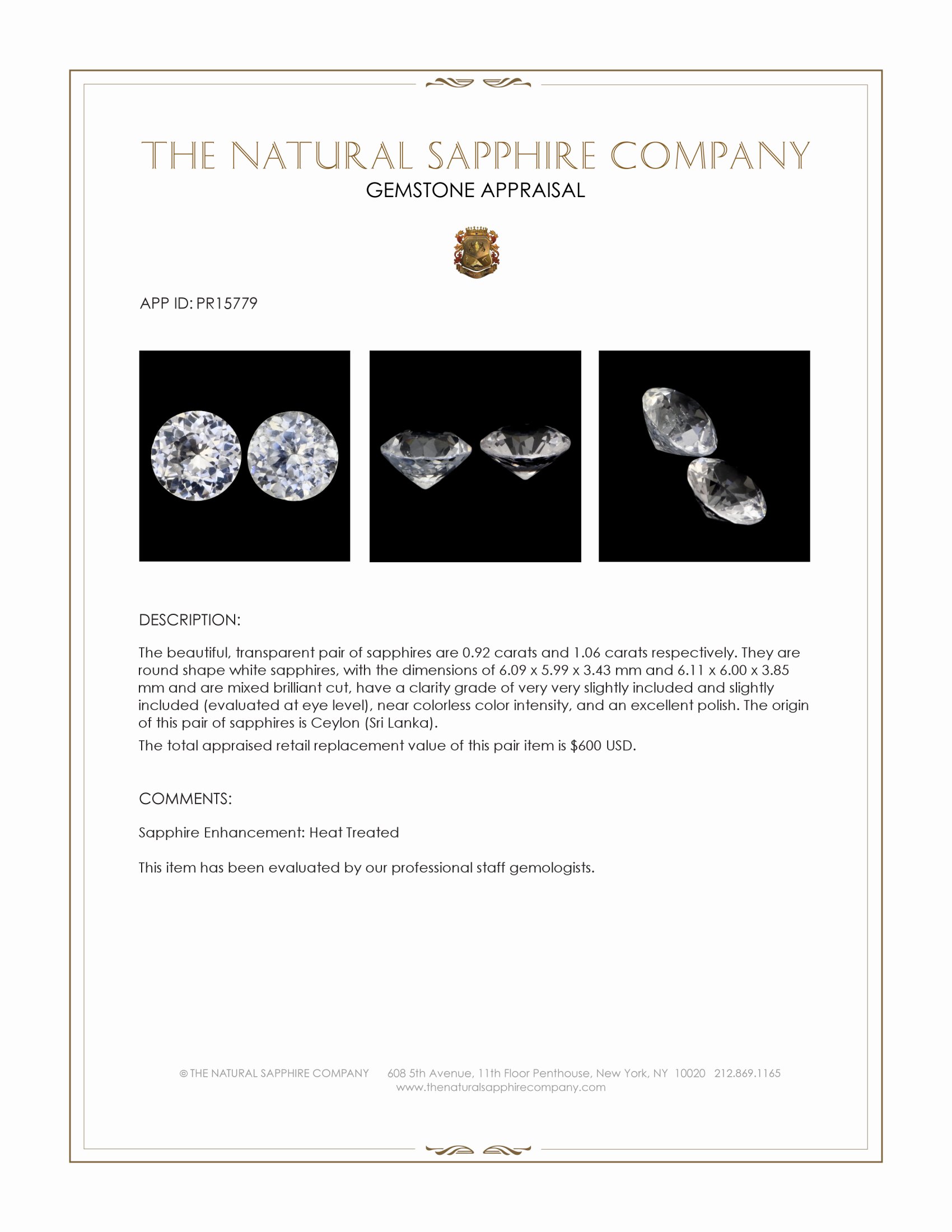 1.98 Ct.Tw. White Sapphire Pair from Ceylon (Sri Lanka)
