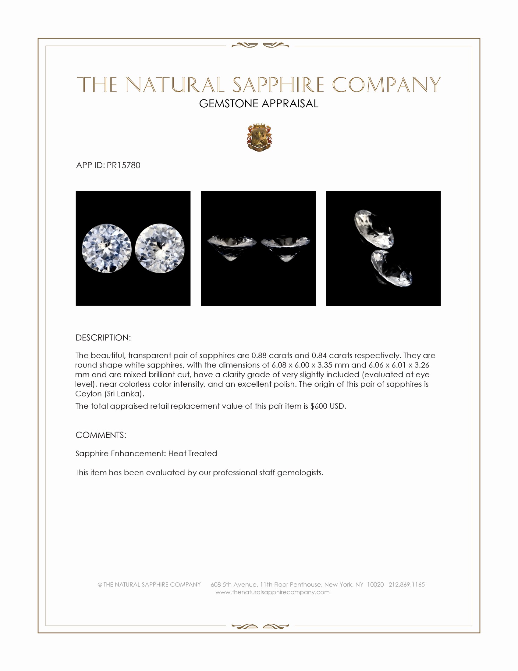 1.72 Ct.Tw. White Sapphire Pair from Ceylon (Sri Lanka)