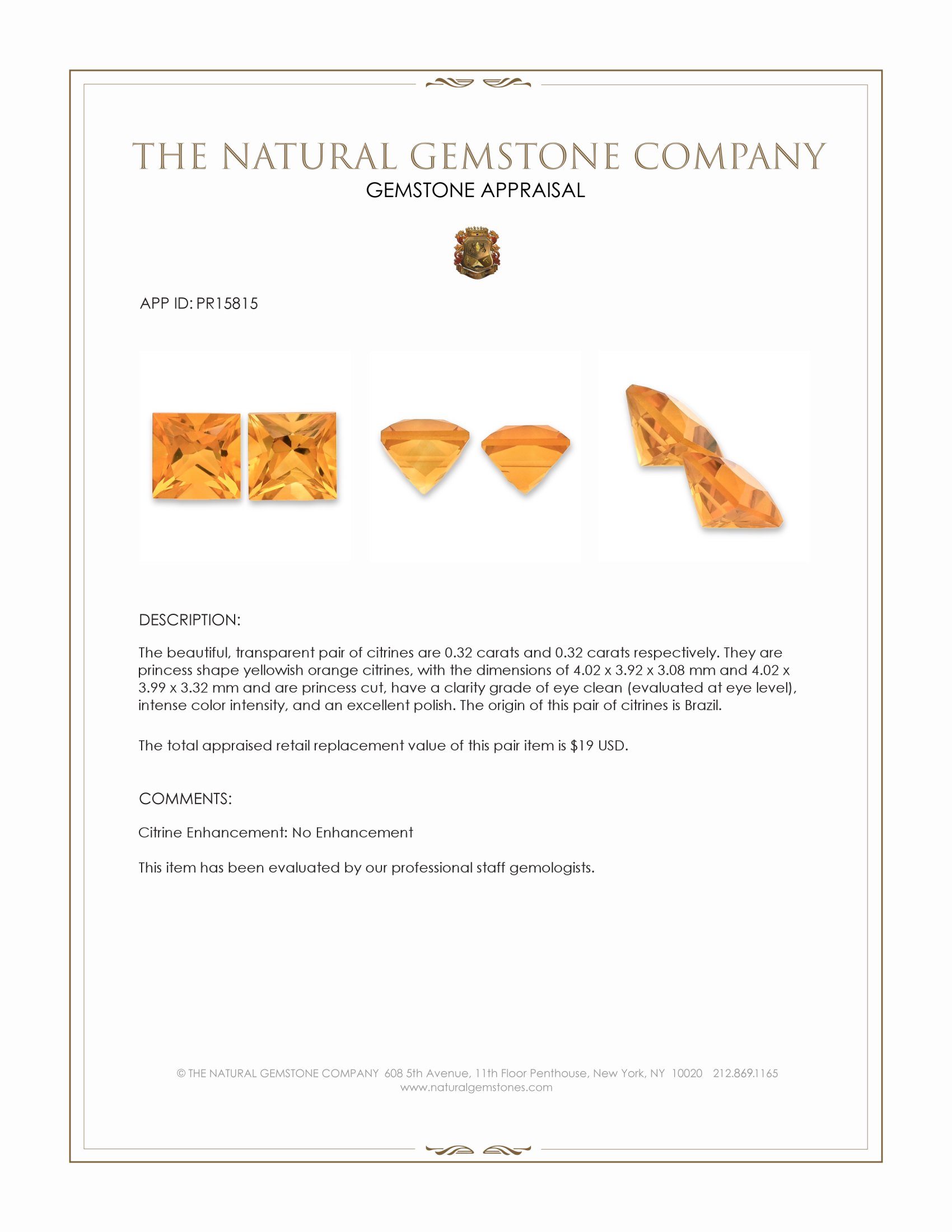 0.64 Ct.Tw. Yellowish Orange Citrine Pair from Brazil