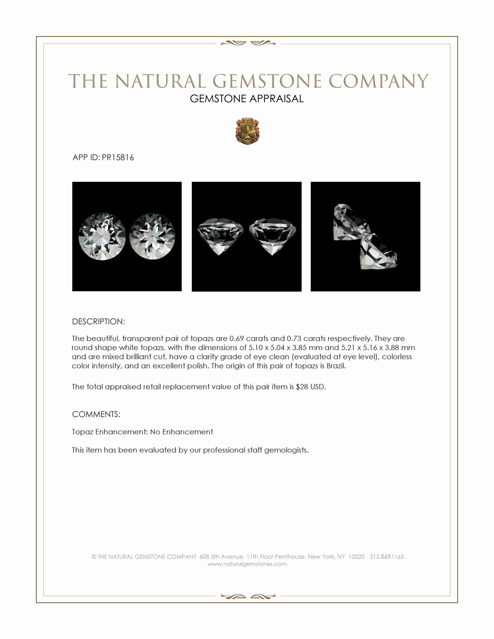 1.42 Ct.Tw. White Topaz Pair from Brazil