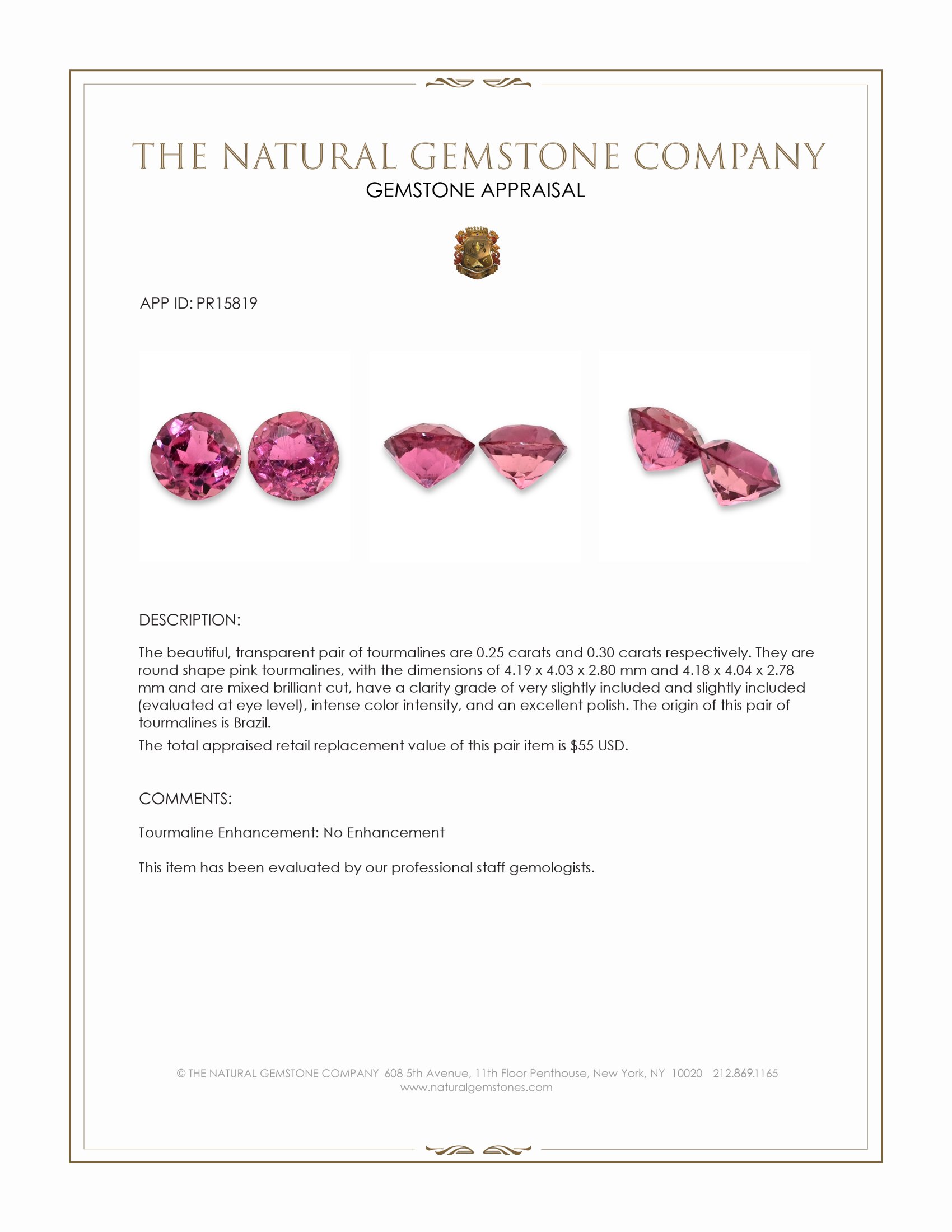 0.55 Ct.Tw. Pink Tourmaline Pair from Brazil