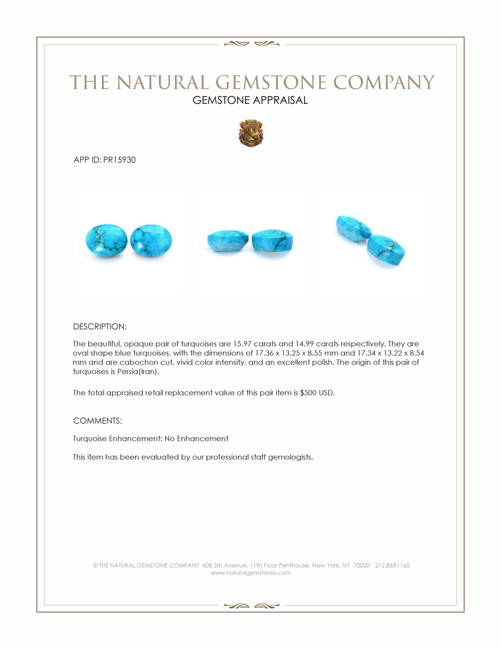 30.96 Ct.Tw. Blue Cabochon Turquoise Pair from Persia(Iran)