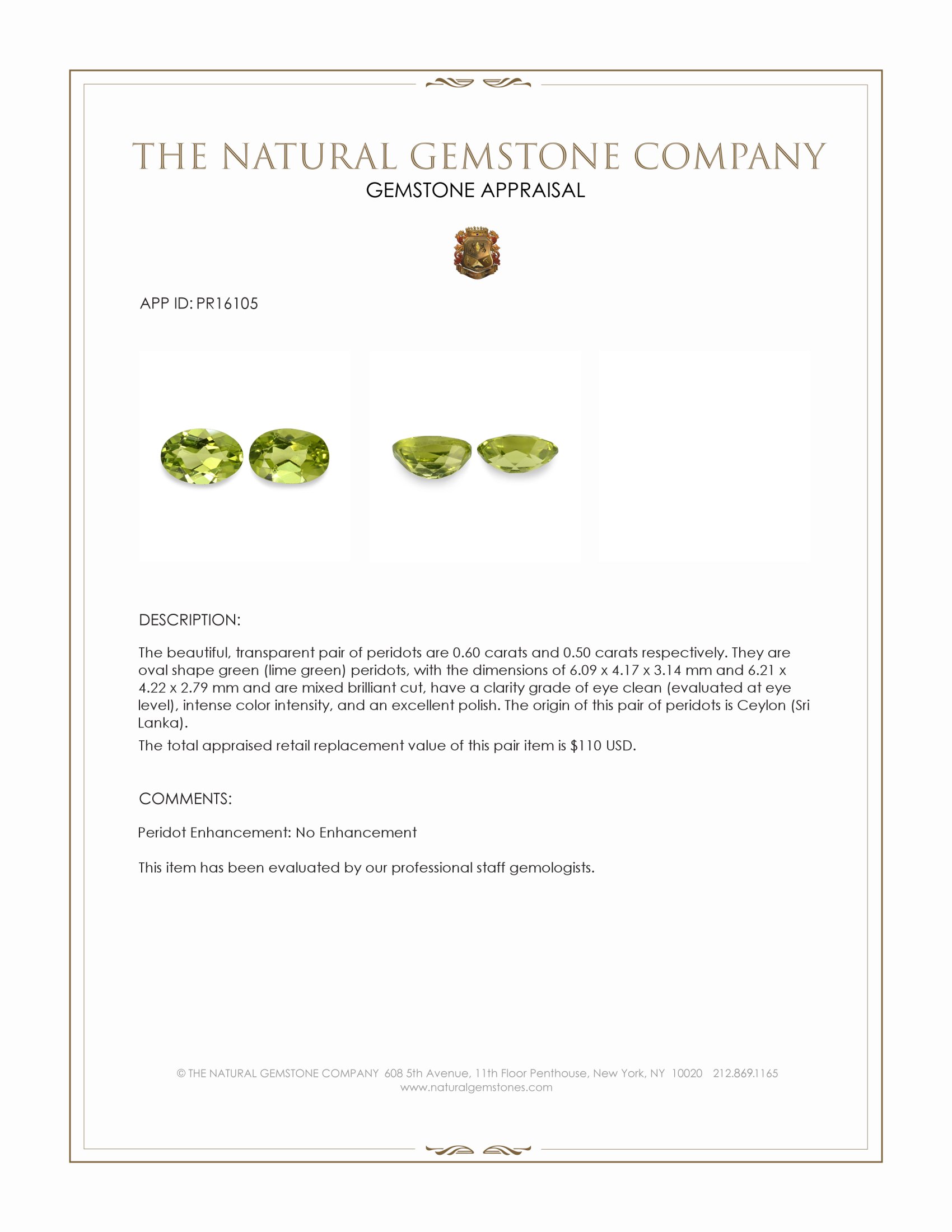 1.10 Ct.Tw. Green (Lime Green) Peridot Pair from Ceylon (Sri Lanka)