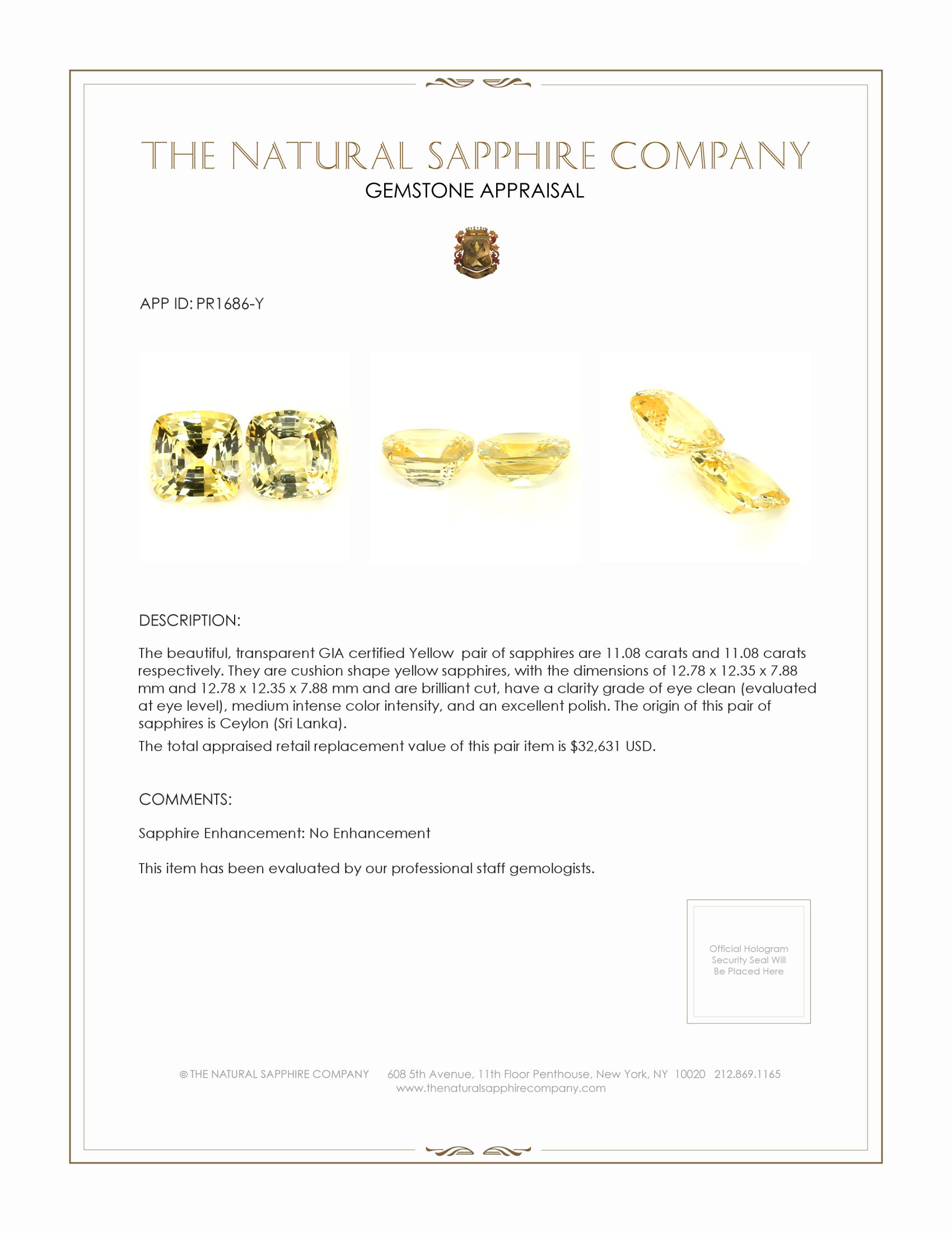 22.16 Ct.Tw. Yellow Sapphire Pair from Ceylon (Sri Lanka)