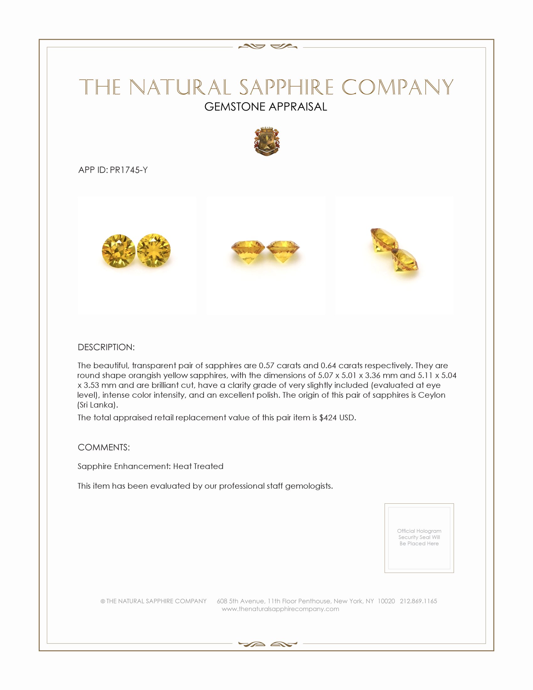 1.21 Ct.Tw. Orangish Yellow Sapphire Pair from Ceylon (Sri Lanka)